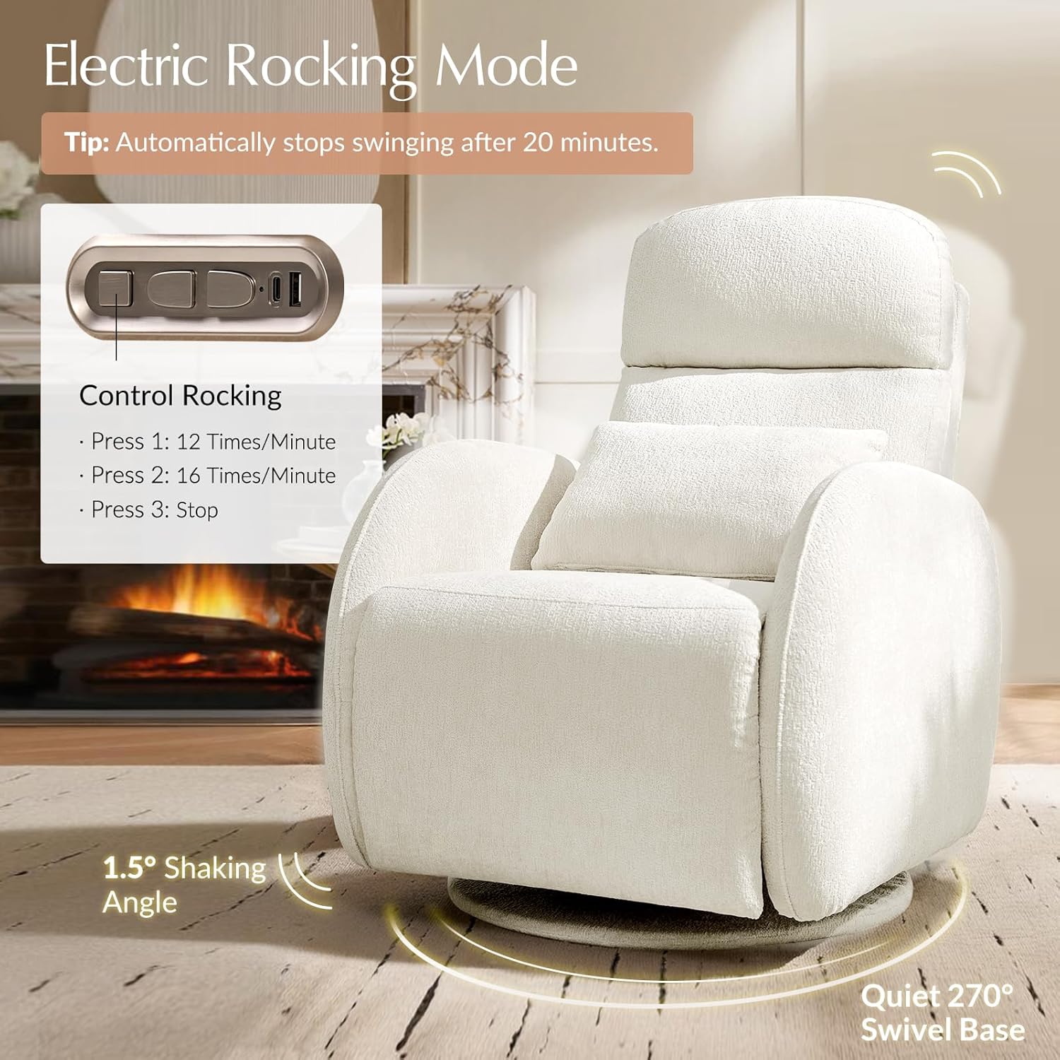 Image illustrating the electric rocking mode of the recliner, showing the 1.5 degree shaking angle and quiet 270 degree swivel base.