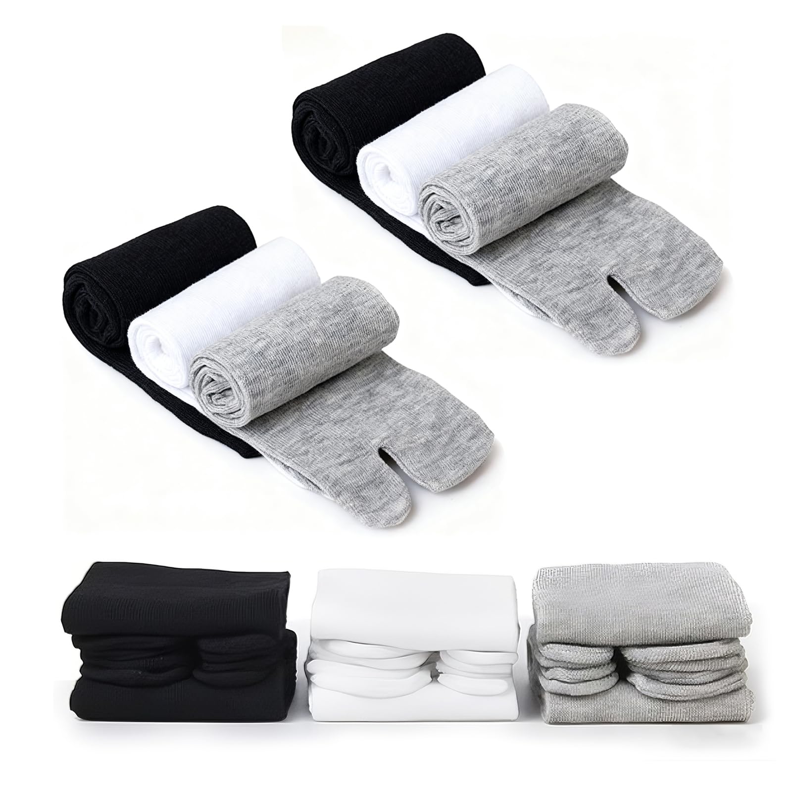 KASLCWA 6 Pairs Tabi Socks Women, Unisex Tabi shoes Flip Flop Socks, Japanese Split Toe Sock, Japanese Geta Cotton Sock for Men Women(Black, White, Gray)