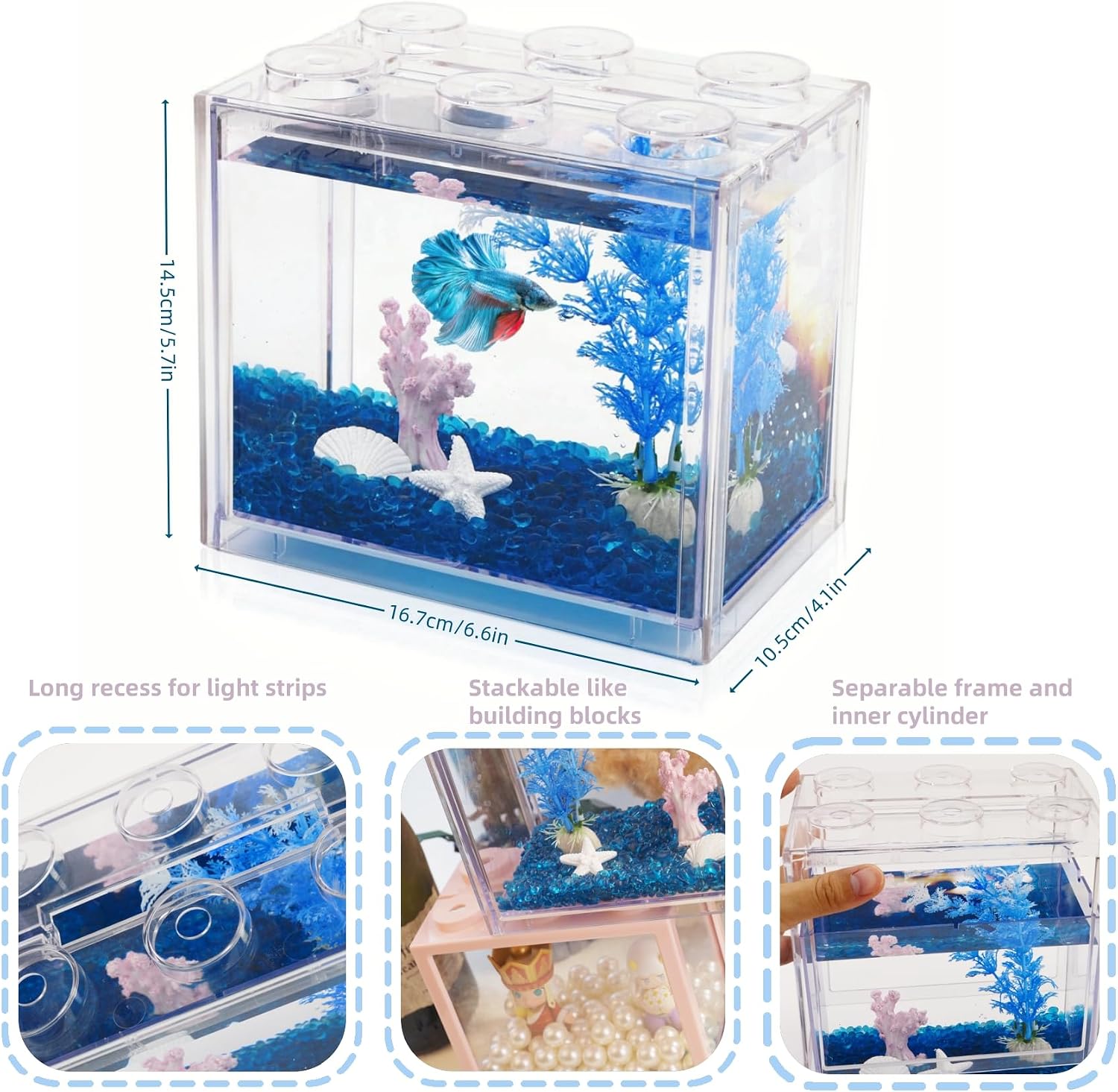 Small Betta Fish Tank, Mini Fish Tank Aquarium Tank Kit with Blue Gravel & Resin Decorations, 0.6 Gallon Stackable Fish Bowl Tiny Desktop Aquarium for Sea Monkey Shrimp image 5