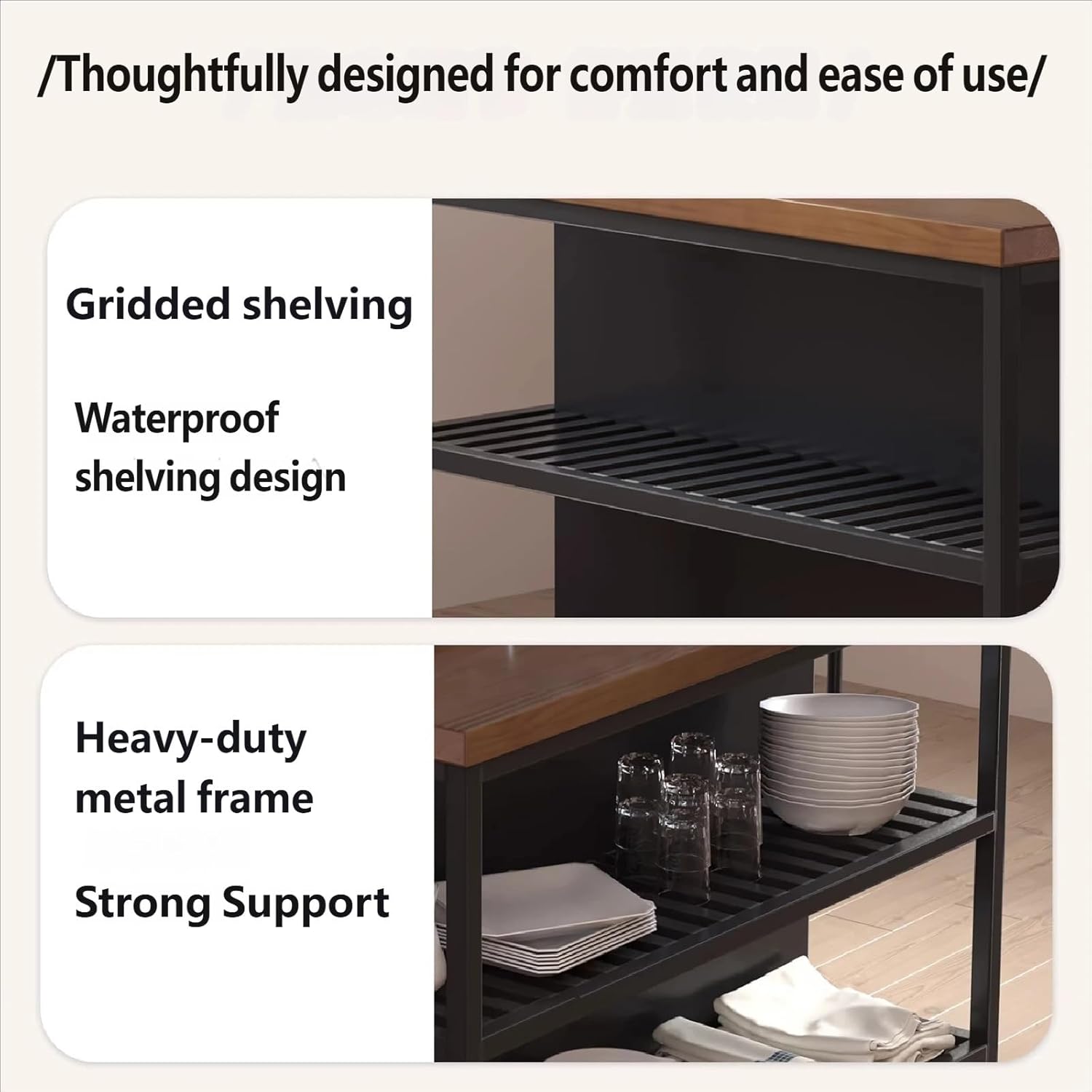 Storage Trolley Kitchen Island with Wood Top Metal Frame & Slatted Shelves for Storage Shelving Organizer(Small)