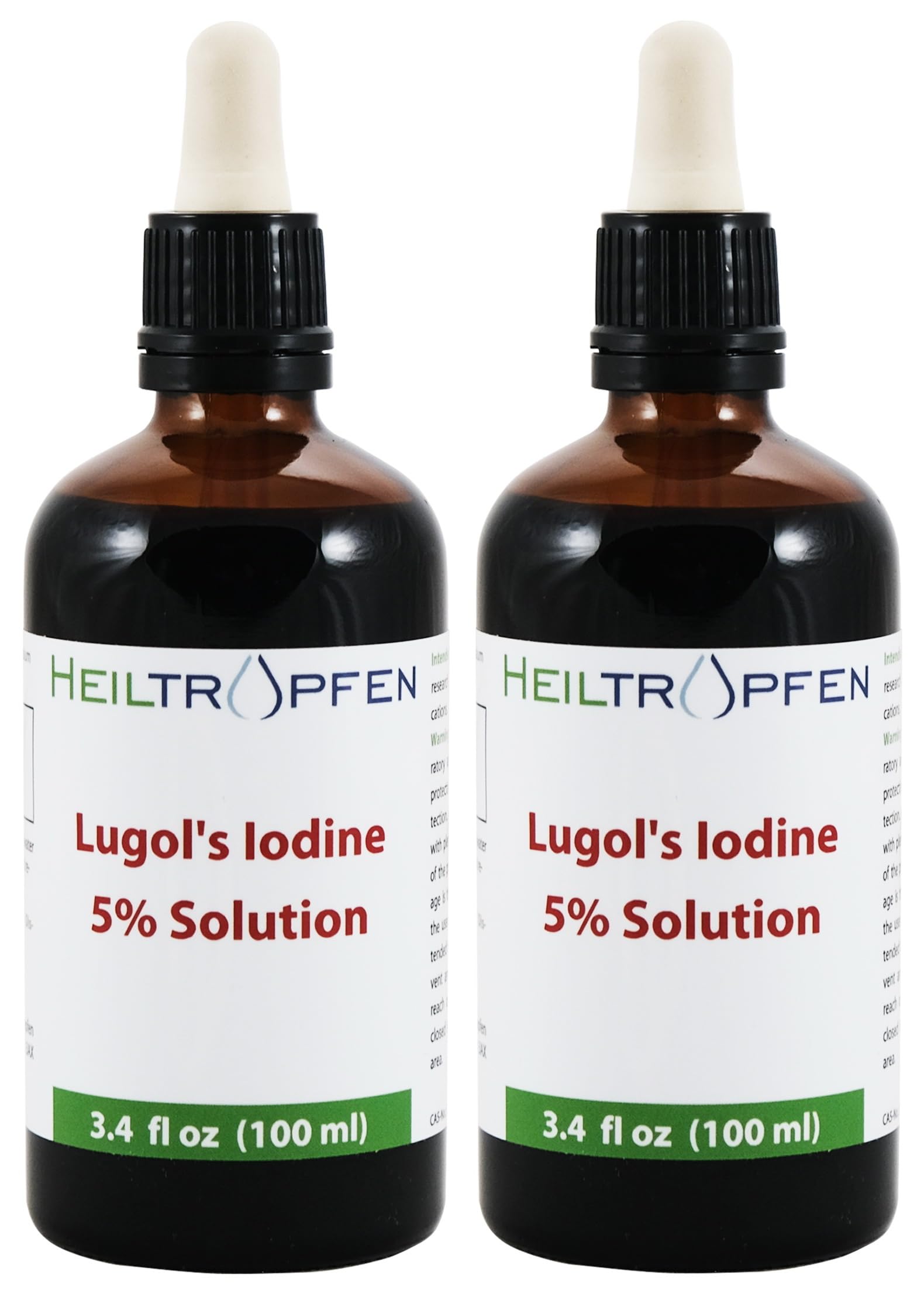 2X 100 ml Lugolsche Lösung 5% Jodlösung | Inhaltsstoffe in pharmazeutischer Qualität | 15% Lugols Liquid Formulierung | 5 Prozent elementares Jod und 10% Kaliumjodid | Braunglas Pipette | Heiltropfen®