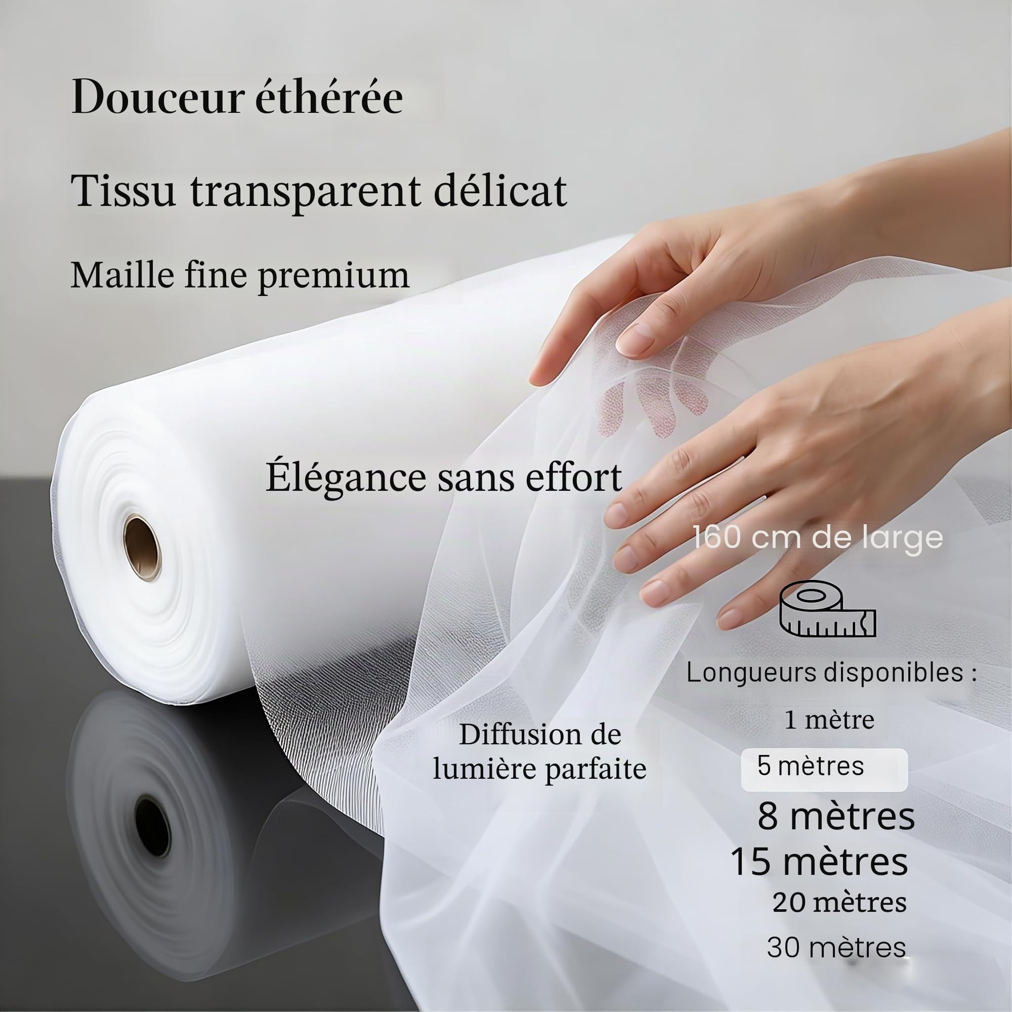 Tulle Tissu 1.6m de Large Tissu Organza Tulle Tissu décoratif Ruban de Table Filet de Tulle Ruban d'organza Mètre de Tissu décoratif pour Mariage Fête Cadeaux Décoration Blanc 50m
