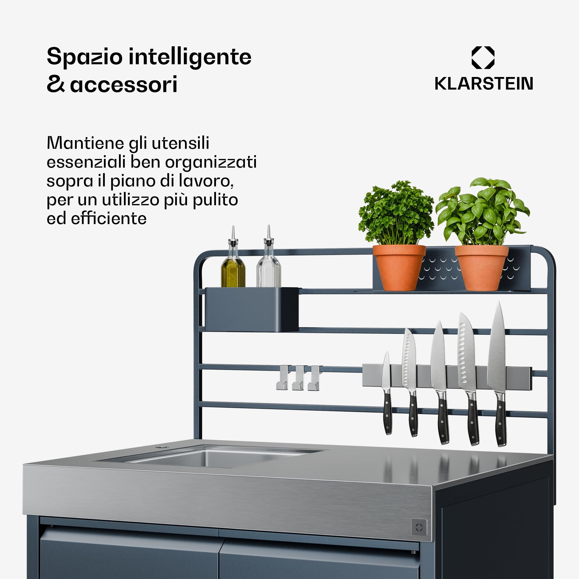 Klarstein WaldChef Mobile con lavello - Mobile per cucine esterne con lavello e piano di lavoro in acciaio inox, acciaio verniciato a polvere, ripiano & cestino estraibile per rifiuti