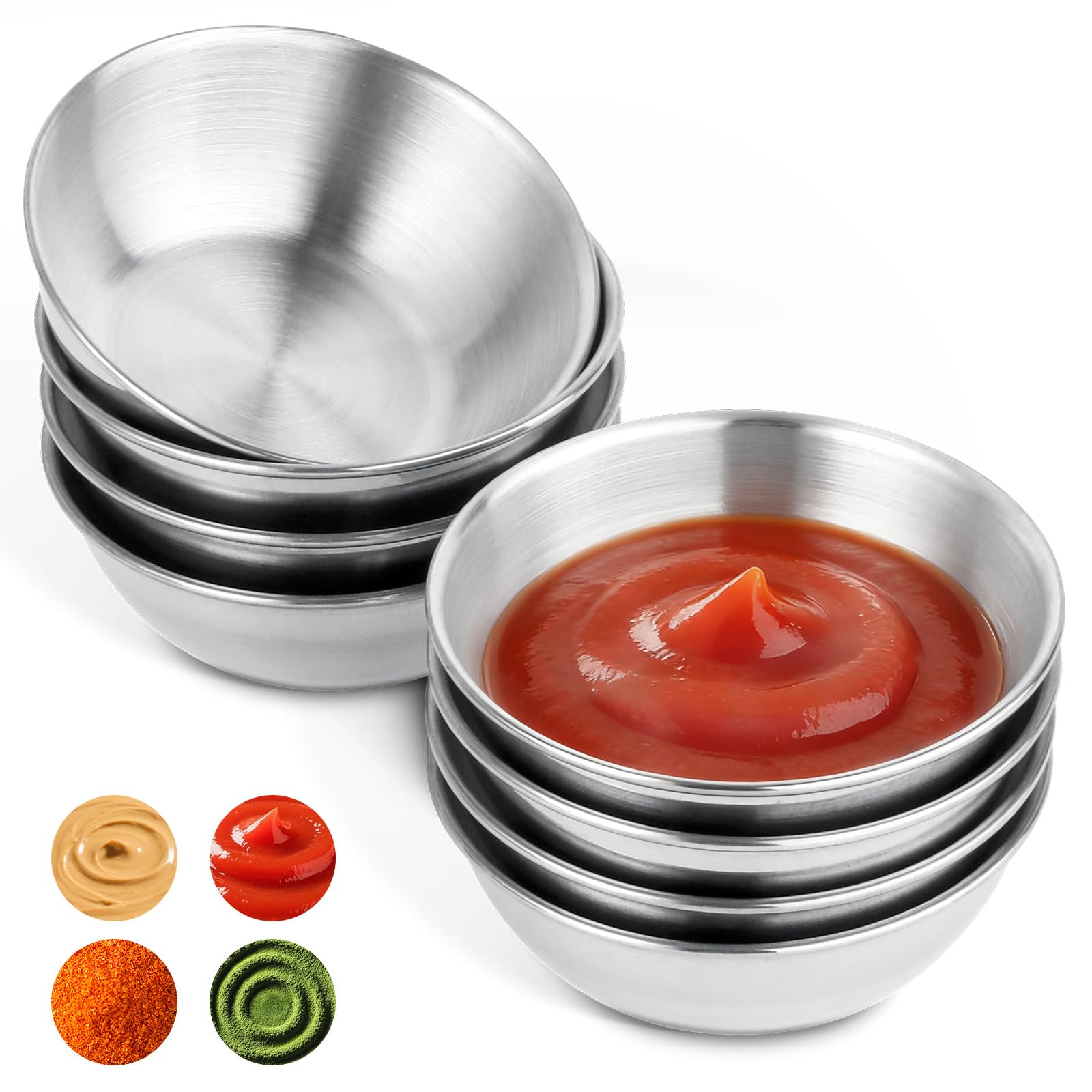 VINATO Pack of 8 Stainless Steel dip Bowls, Stainless Steel Snack Bowls, Round Spice Dishes, Sushi dip Bowl, Small Bowls for appetizers, Ketchup, Soybeans, Soy Sauce, Vinegar