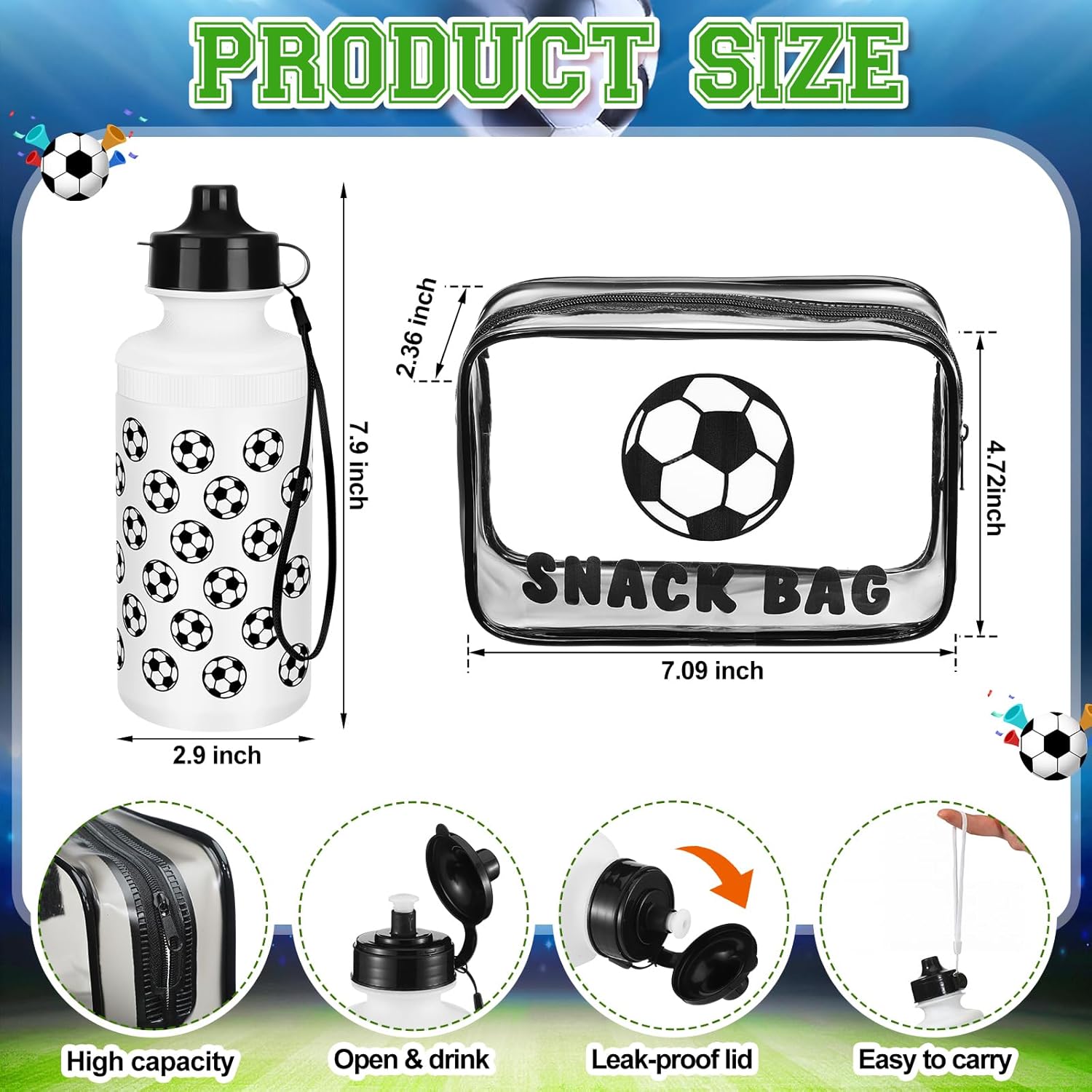 Sadnyy 8+8 Pcs Soccer Party Favor Team Gifts Water Bottles Bulk with Soccer Snack Goodie Treat Bags 20 oz Reusable Squeeze Plastic Water Bottle with Handle Strap Clear PVC Waterproof Bags