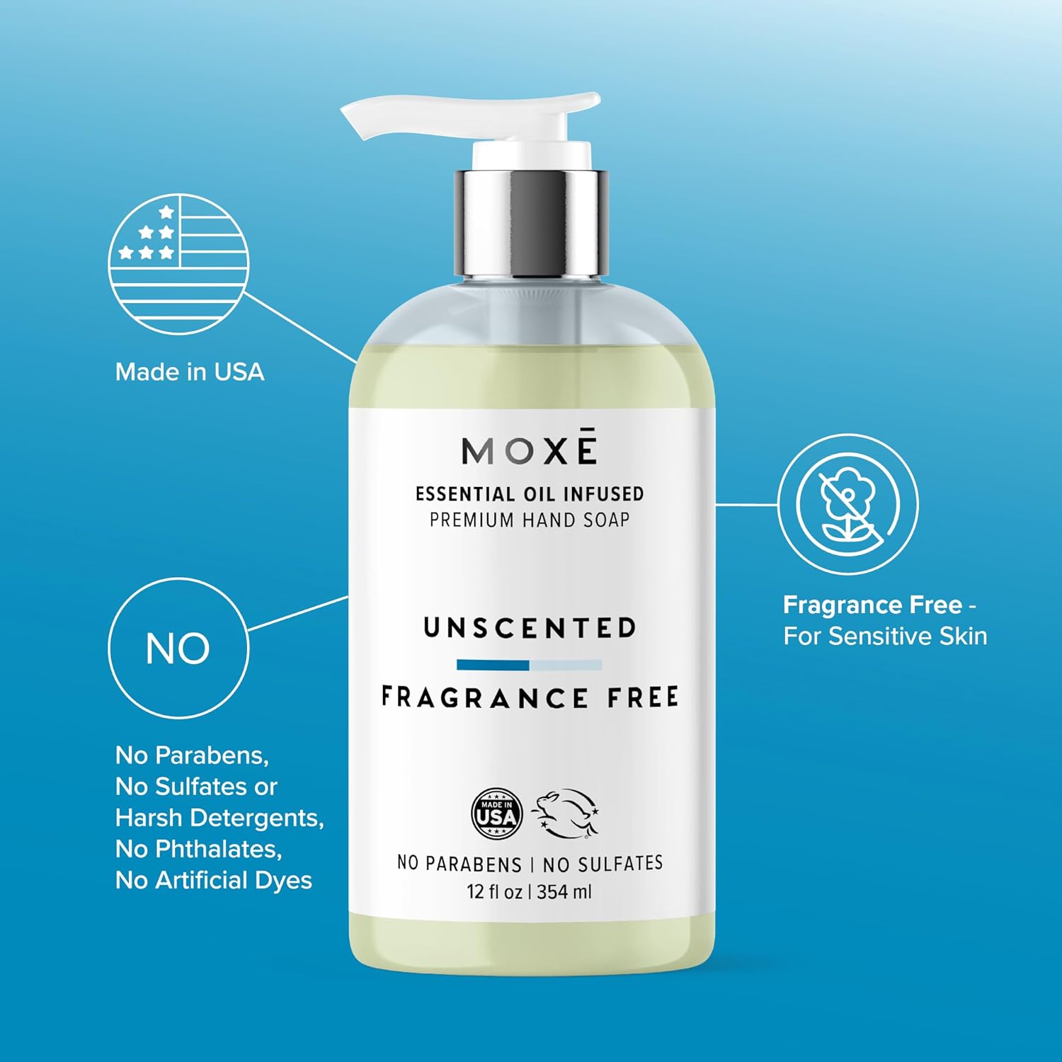 MOXĒ All Natural Hand Soap 4-Pack – Jasmine Orange, Vanilla Honey, Juniper Pear & Unscented – Organic Plant-Based Formula, Essential Oils, Biodegradable, Vegan, Sulfate-Free – 4 x 12 oz