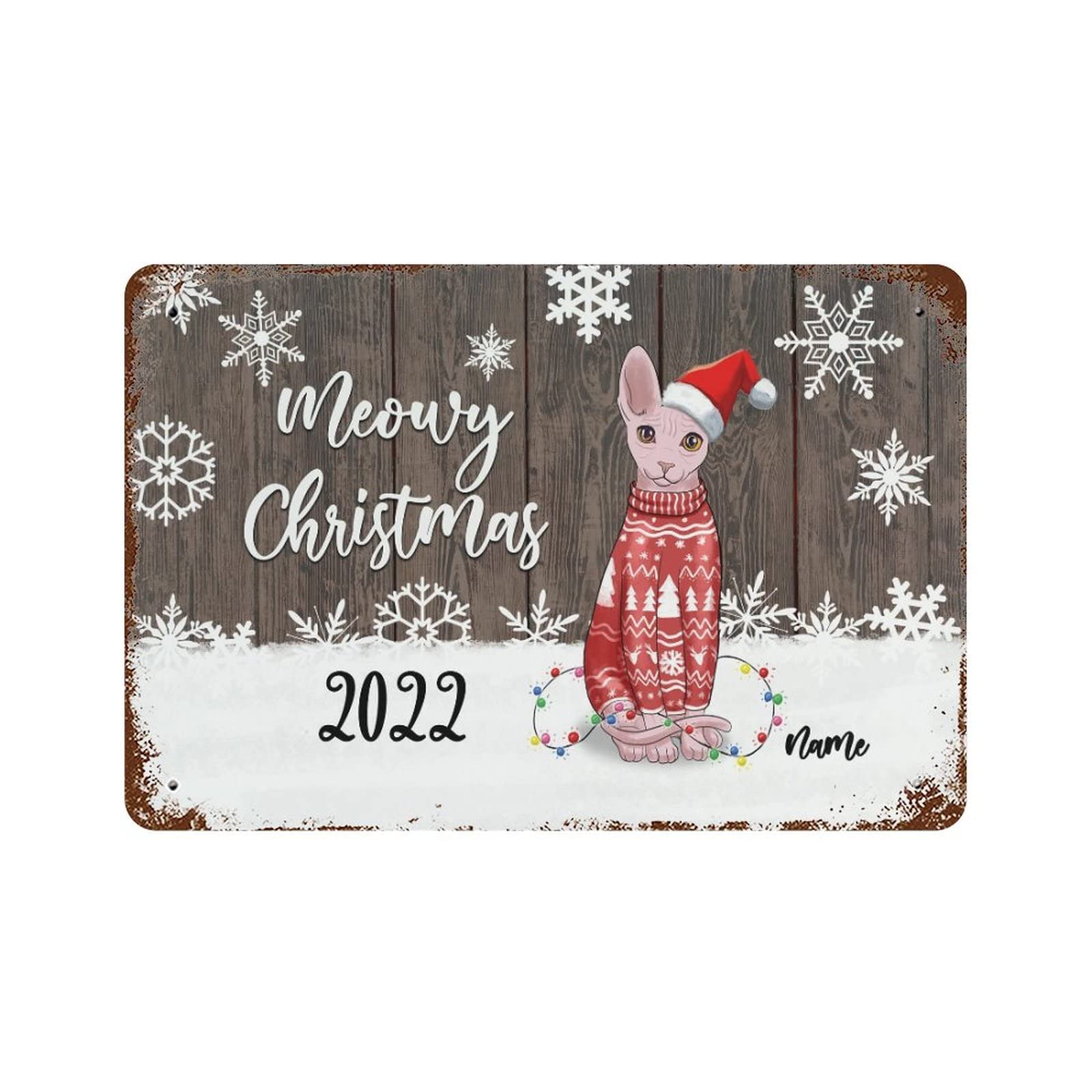 Plaque en étain de Noël chat et bonhomme de neige rétro 30x45 cm