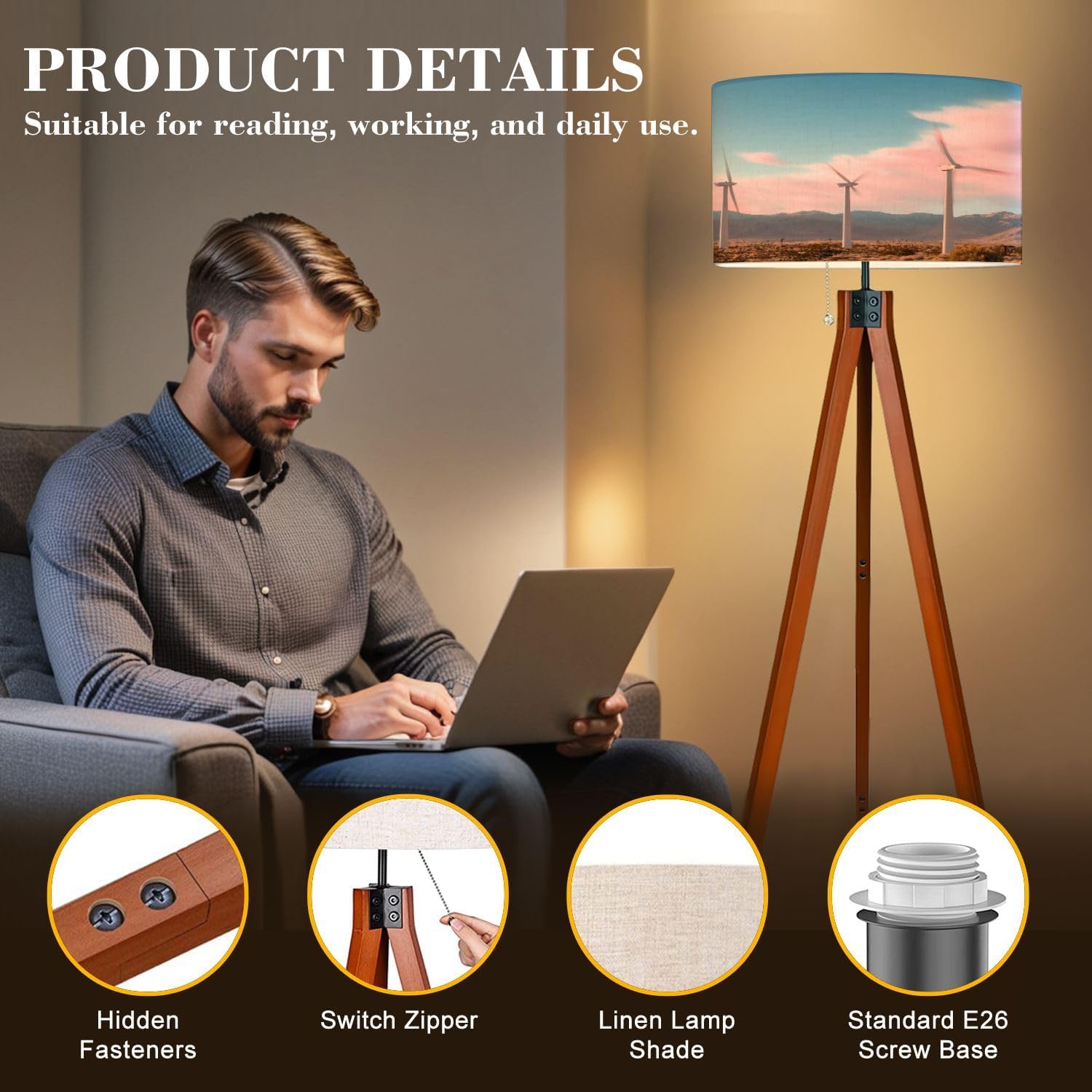 Wood Tripod Floor Lamp Palm California Wind Farm Mid Century Standing Lamp Linen Shade Dimmable Modern Tall lamp Home Decor for Living Room Bedroom Office