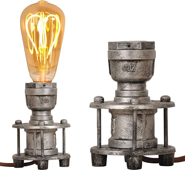 Vintage Industrial Table Lamp Steampunk Antique Holder - Retro Small Floor Desk Lamp Base - Bedside Night Reading Light for Lounge Loft Living Room Kids Bedroom Decoration (Metal Silver, no E27 Bulb)