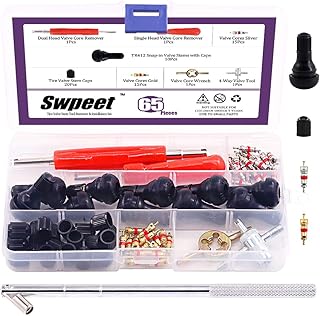 Swpeet 65Pcs Tire Valve Stem Tool Remover & Installation Set, Valve Caps Snap-in Valve Stems with Valve Stem Cores, Single and Dual Head Tire Valve Core Remover Tool, 4-Way Valve Tool for Most Cars