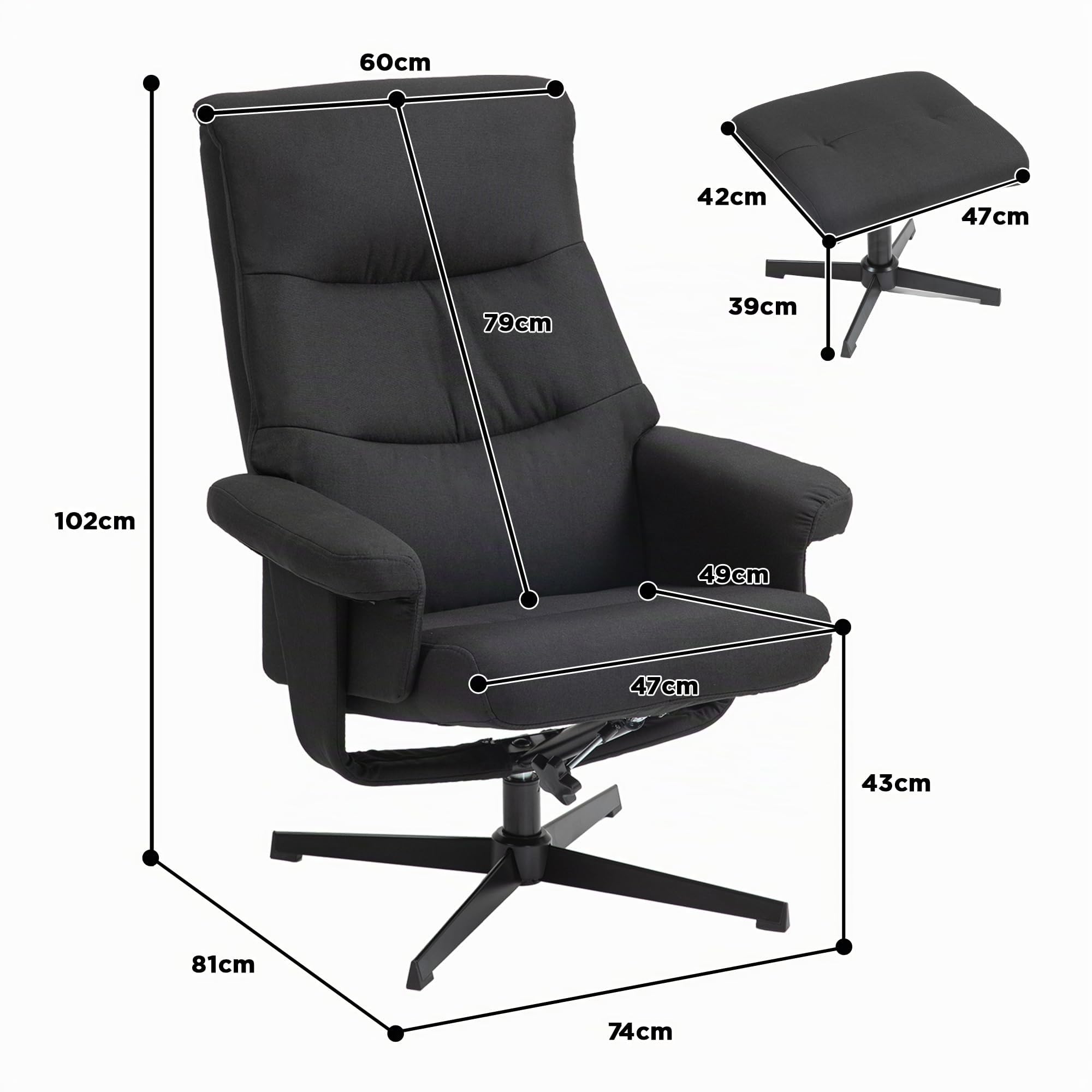 HOMCOM Relaxsessel mit Hocker Fernsehsessel mit Liegefunktion Schwarz