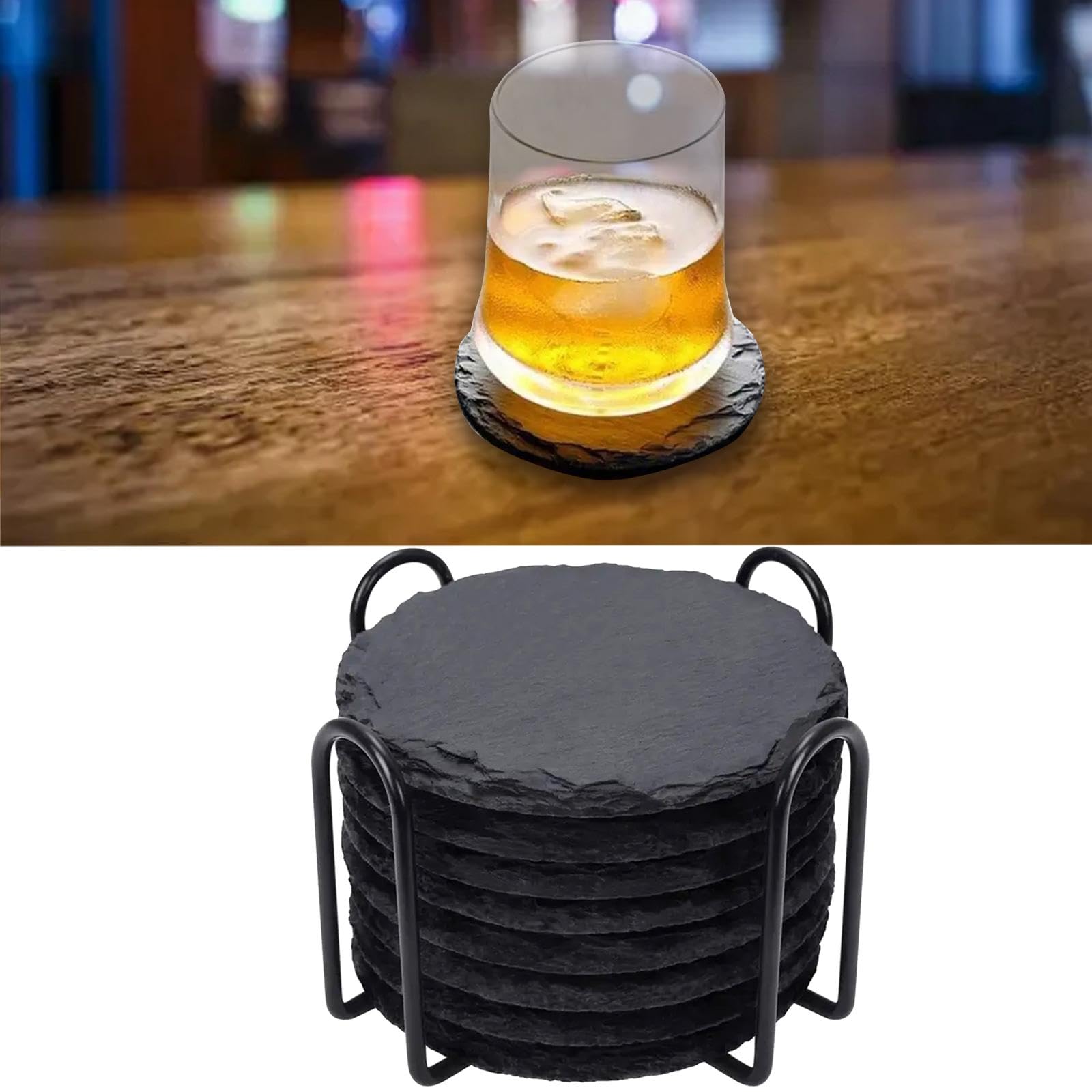 8 Pièces Dessous de Verre Ardoise Porte-dessous Pierre Coaster Set Organisation Facile Boisson Décoration Intérieure Adapté à La Maison Bureau Cuisine, ROND