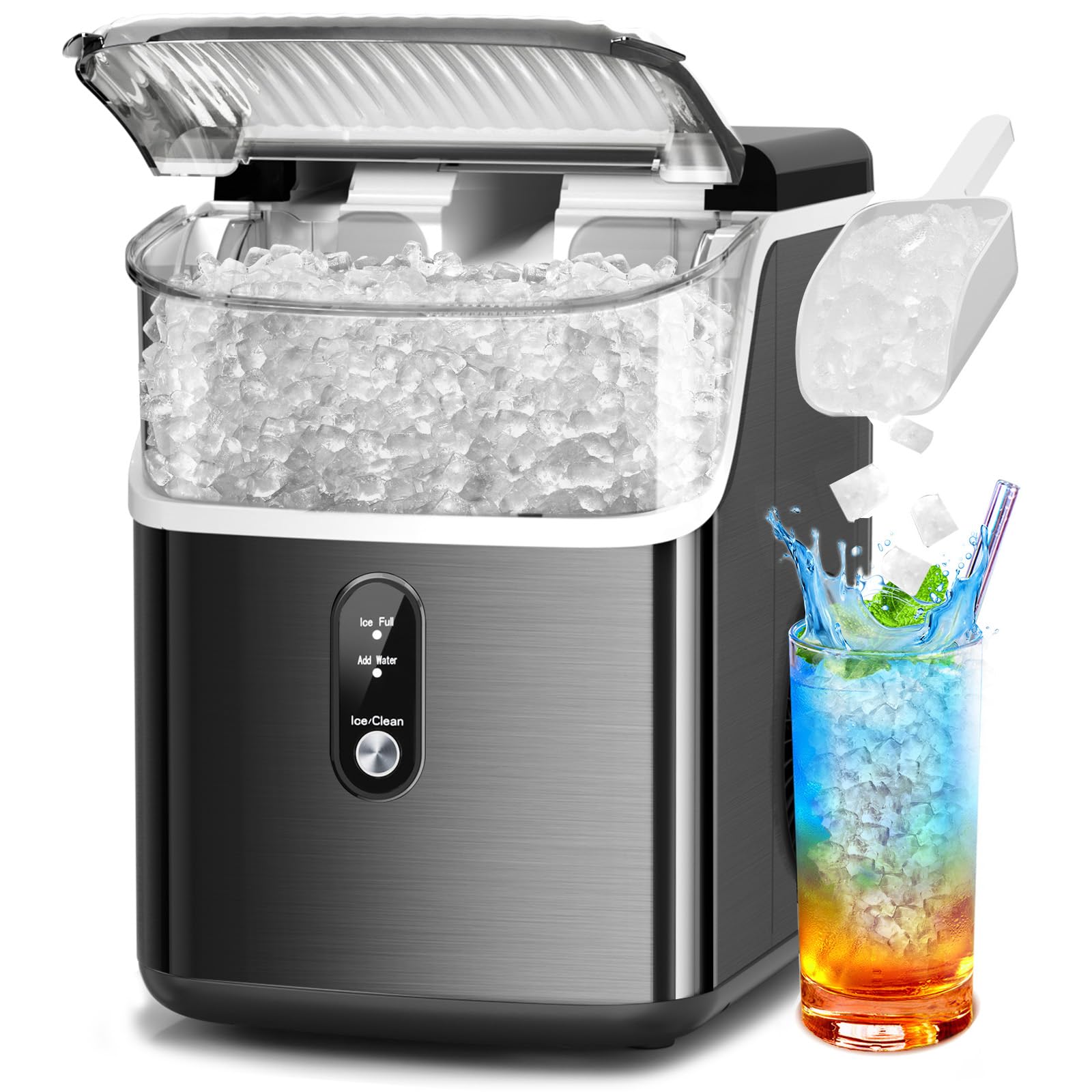 Countertop Nugget Ice Maker Pro - 34lbs/24H, Self-Cleaning Pellet Ice Machine with Soft Chewable Ice, One-Touch Operation for Home, Kitchen, Office,Party (Black)