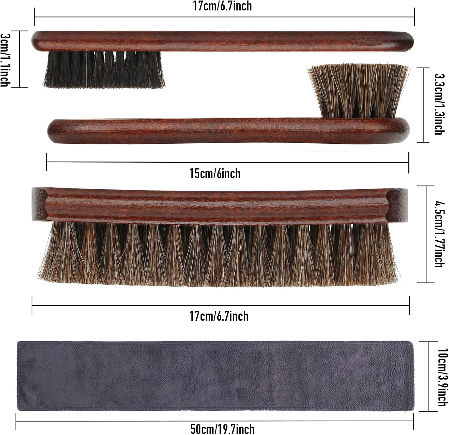 4-Piece 100% Horse Hair Shoe Brush Kit Premium Dauber Applicators Leather Care Cleaning Set with Polishing Brushes and Microfiber Cloth for Leather Suede Shoes Boots Bags Cars Cleaning Polishing