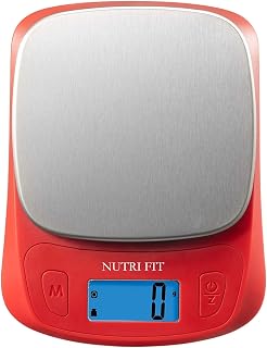 NUTRI FIT Ultra Slim Digital Kitchen Food Scale - 1g Precision, 11lb Capacity, Grams Oz ml fl oz for Meal Prep Coffee Baking Red Stainless Steel