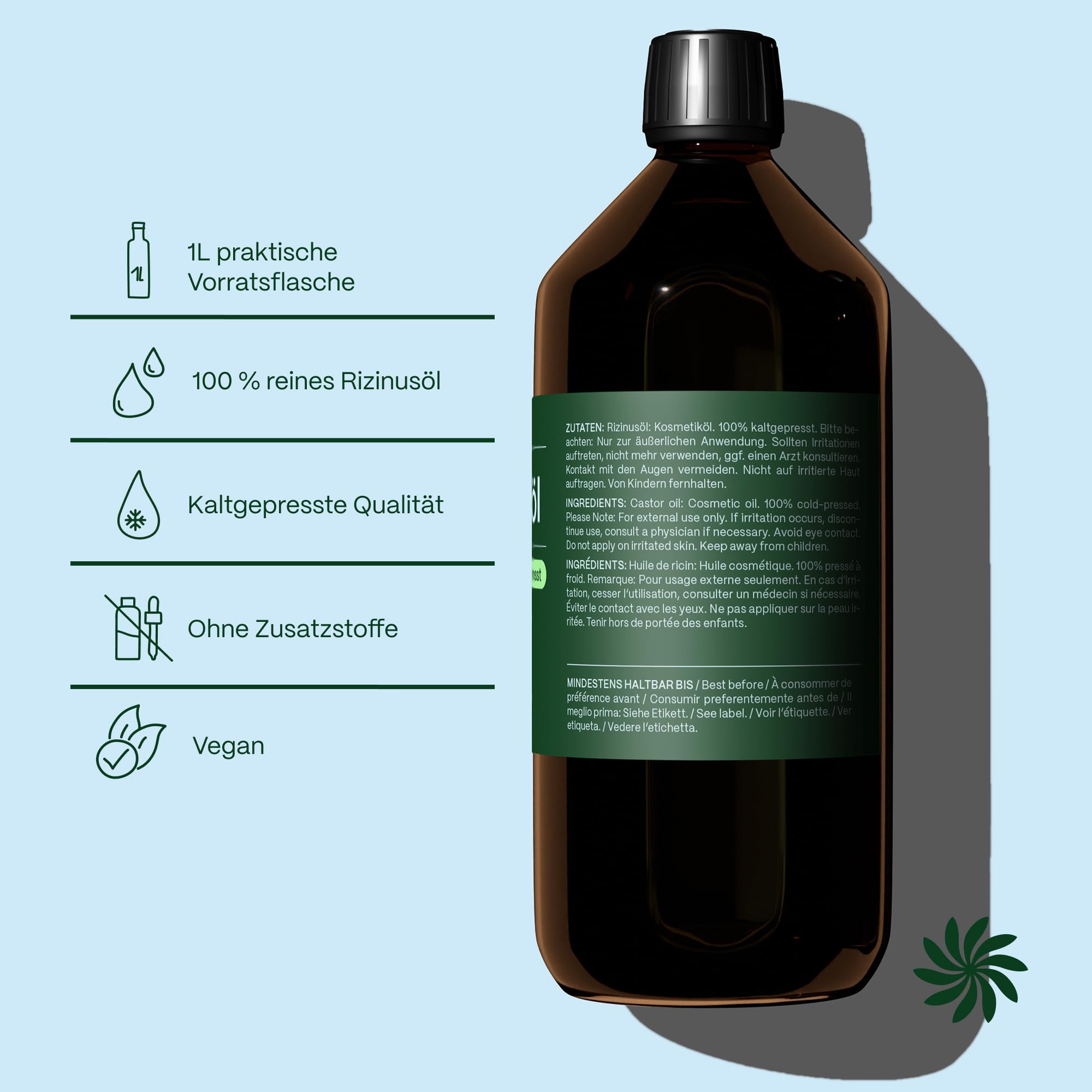 GreatVita Olej rycynowy 1 litr – 100% czysty olej tłoczony na zimno, naturalny Ph. Eur., serum do rzęs, olejek do włosów, naturalna pielęgnacja włosów – nadruk może się różnić