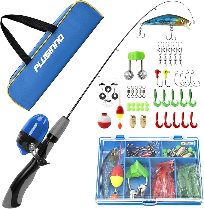 PLUSINNO Kids Fishing Pole,Portable Telescopic Fishing Rod and Reel Full Kits, Spincast Fishing Pole for Kids, Boy, Youth (Blue Handle with Bag, 120CM 47.24IN): Buy Online at Best Price in UAE