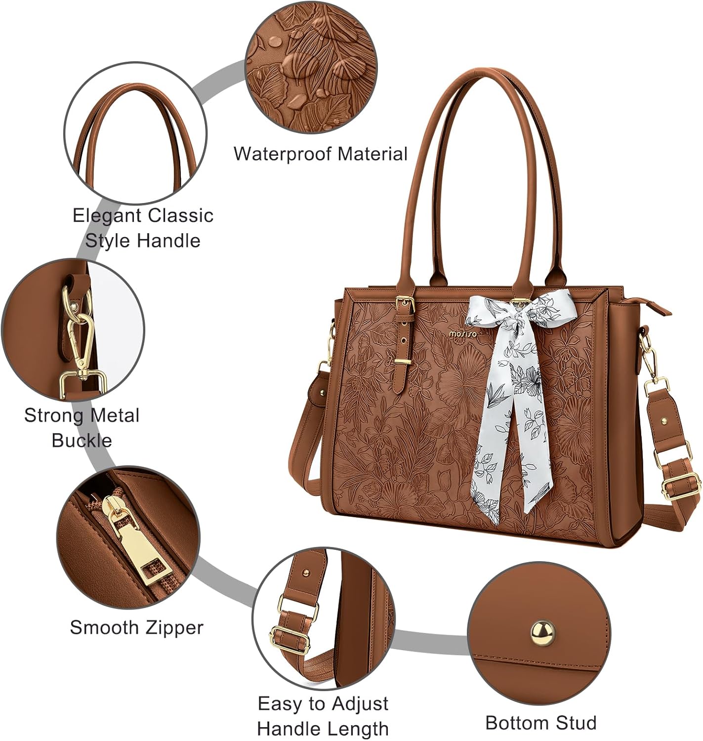 MOSISO Laptop Bag for Women, PU Leather Tote Bag, Front Embossed Retro Hibiscus Computer Bags with Silk Scarf&Clutch Purse - Image 4