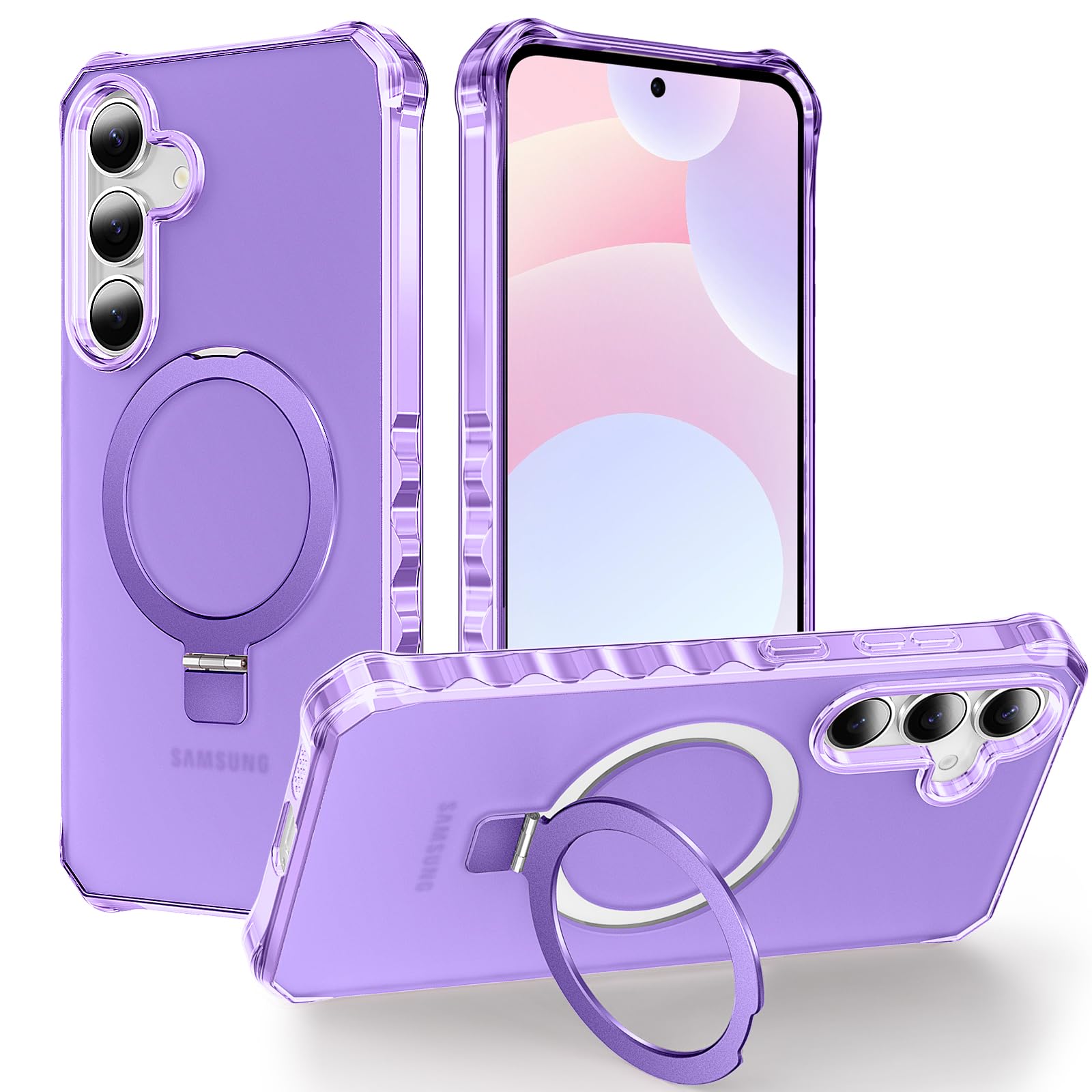 Skyjone for Galaxy S25 Plus Case, with Magnetic Ring Stand [Curly Edge] [Wireless Charging] [Reinforced Corners] Slim Fit Shockproof Protective Phone