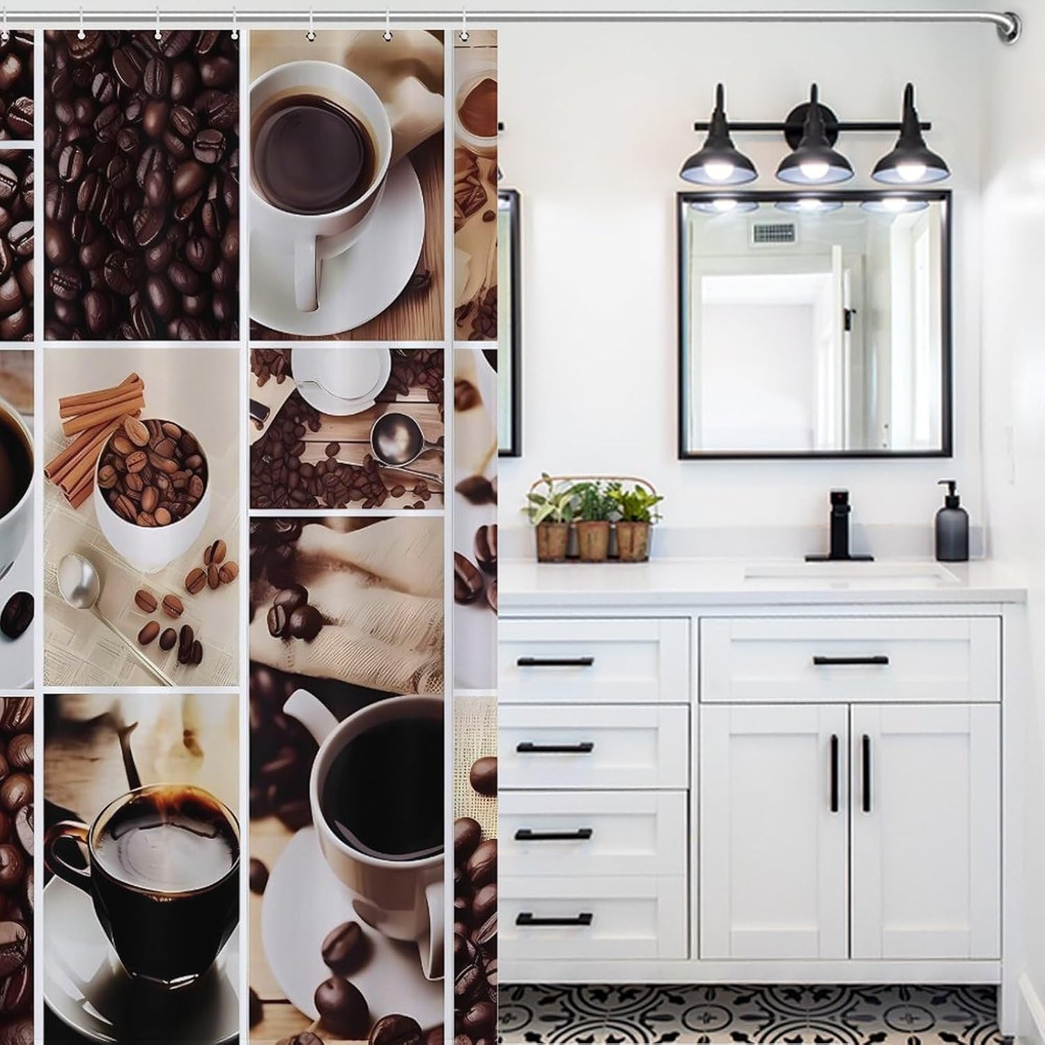 Collage of Coffee and Products Beans Funny Shower Curtains Washable Bath Curtain Liner with Hooks for Bathroom Bath Tubs