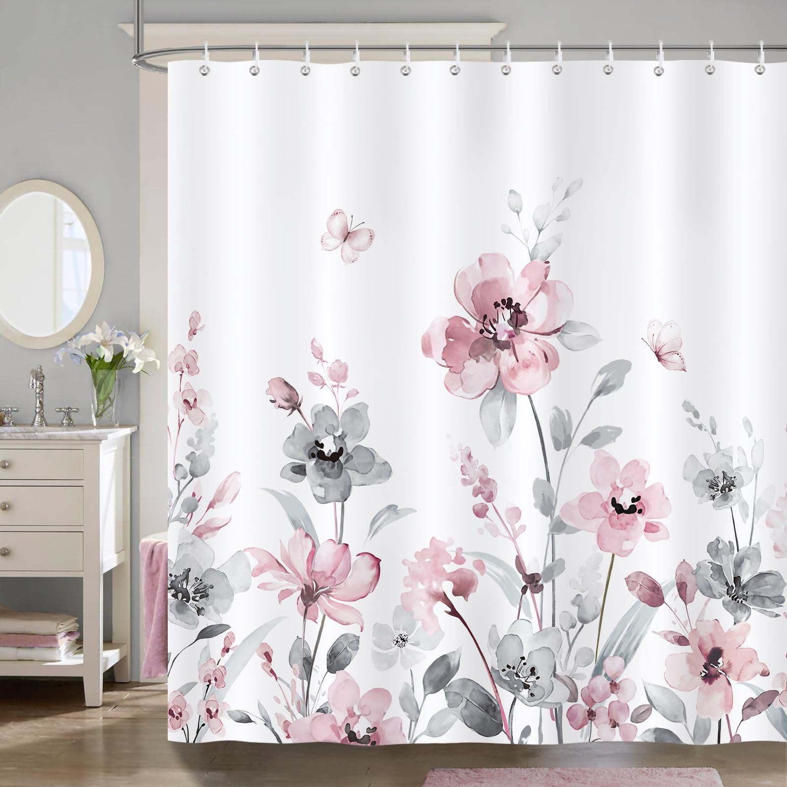 Bonhause Floral Shower Curtain, Watercolor Flower Grey Pink Modern Bathroom Curtain 180 x 180 cm Waterproof Mildew and Mould Resistant Polyester Fabric Bath Curtain with 12 Hooks
