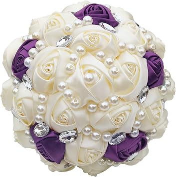 Handmade Wedding Bouquets for Bride Bridesmaid Brooch Artificial Holding Flower Tossing BouquetIvory/Grape Violet,15cm,1PC