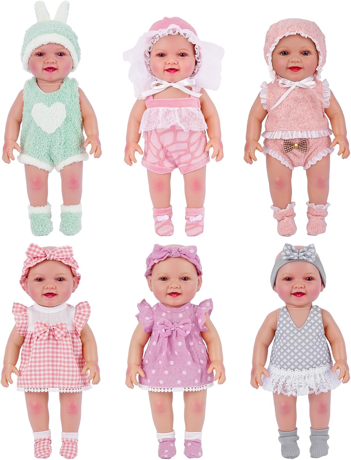 BABESIDE 6 Sets of Baby Doll Clothes for 12-15 Inch Dolls, Various Styles Baby Dolls Clothes and Doll Accessories Set with Dolls Hats Socks for Girls Pretend Play Toys
