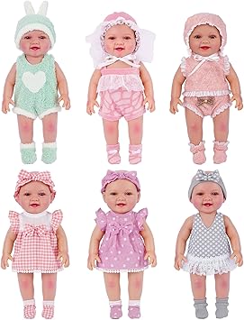 BABESIDE 6 Sets of Baby Doll Clothes for 12-15 Inch Dolls, Various Styles Baby Dolls Clothes and Doll Accessories Set with Dolls Hats Socks for Girls Pretend Play Toys