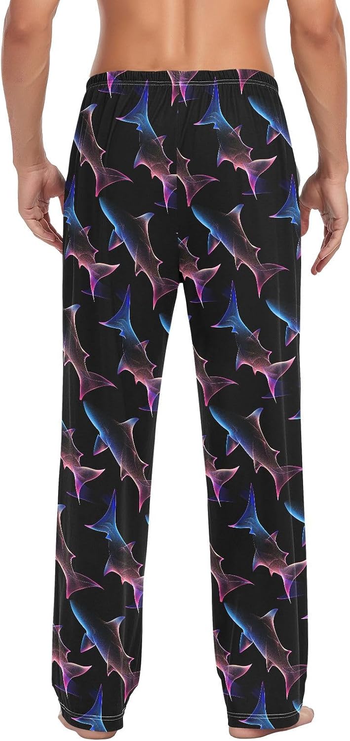 ALAZA Neon Shark Print Men's Pajama Pants Men Cotton Pajama Bottoms with Pockets, S