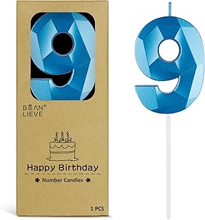 BEAN LIEVE 2.76 Inch Blue Number Candles 9 - Diamond Birthday Cake Candles with Metallic Finish for Party, Anniversary, Graduation Decorations.