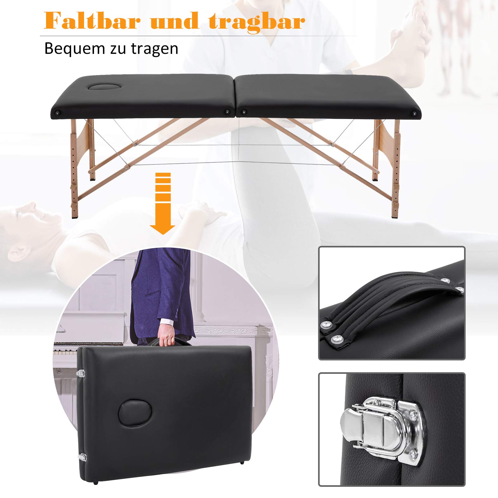 HOMCOM Massageliege 3 Zonen Klappbar Massagetisch mit Kopfstütze Armlehne Tragetasche Holzfüßen höhenverstellbare Massagebett tragbar Kosmetikliege für Tattoo Spa Salon Schwarz