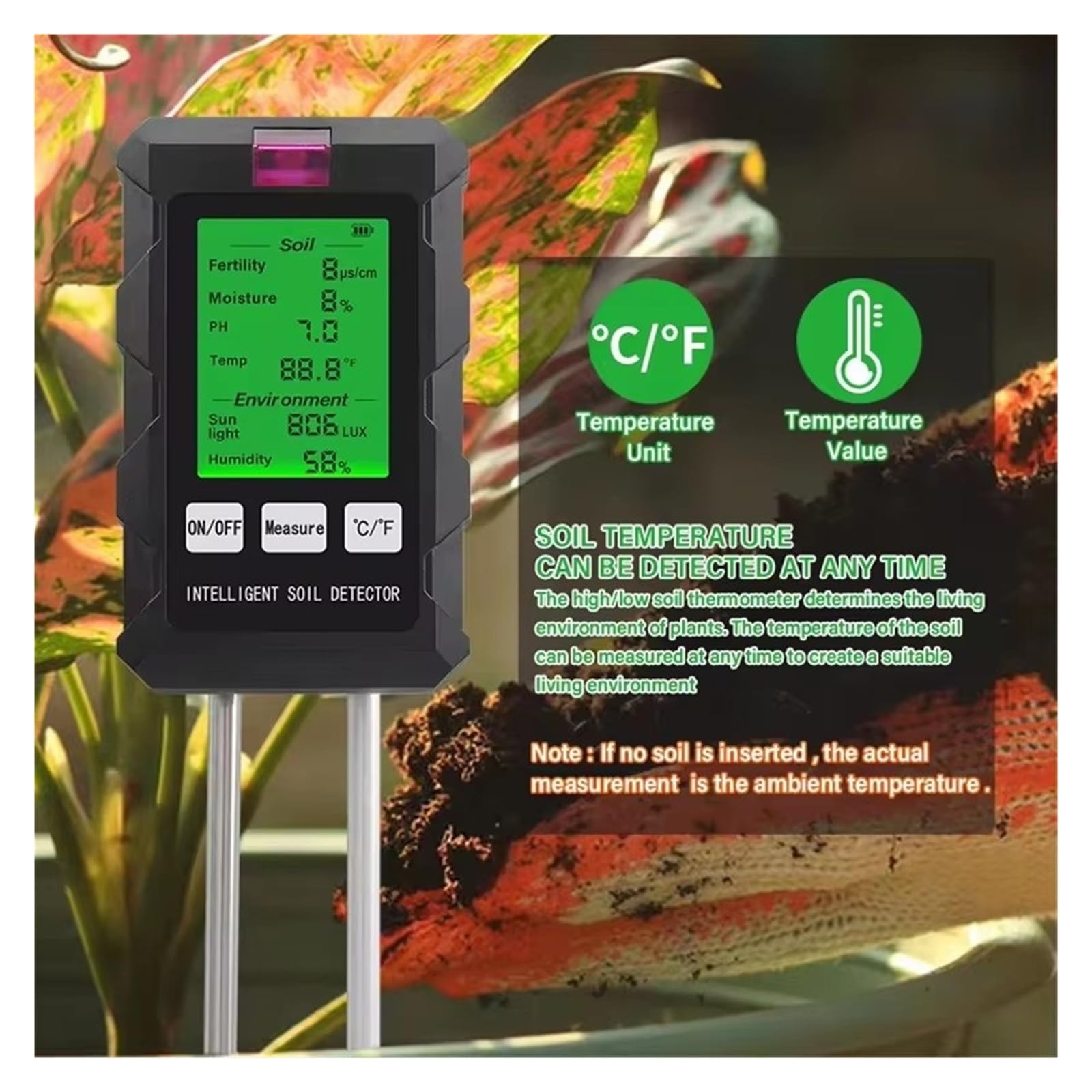 Humidimètre pour Sol, Testeur de Sol Multifonctionnel 6 en 1 Fertilité pH Température Humidité Lumière du Soleil Détecteur d'humidité de l'air pour Le Jardinage et l'agriculture