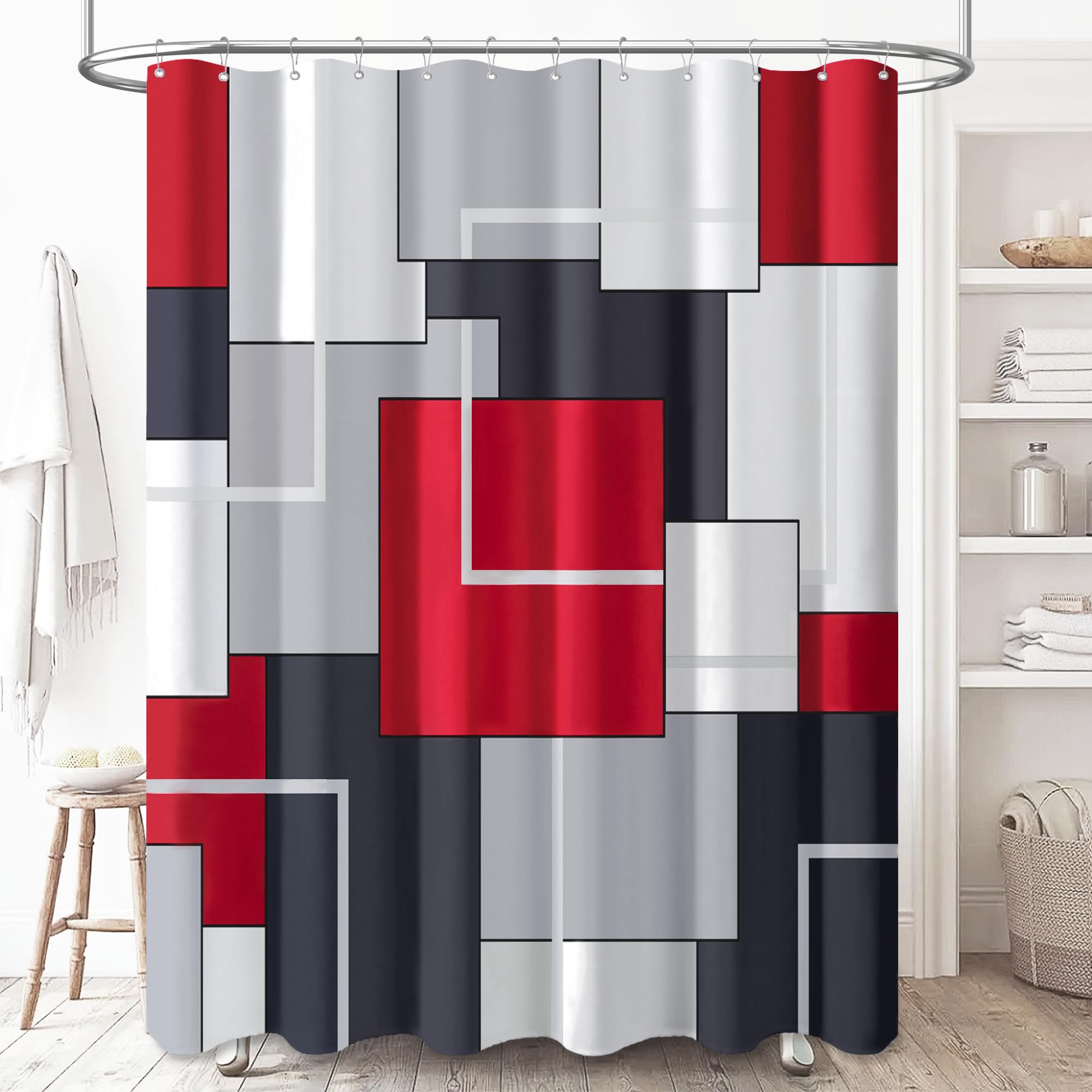 BTTN 78 Inches Long Shower Curtain, Tall Geometric Abstract Fabric Shower Curtain Set with Plastic Hooks, Large Modern Luxury Neutral Cloth Curtains