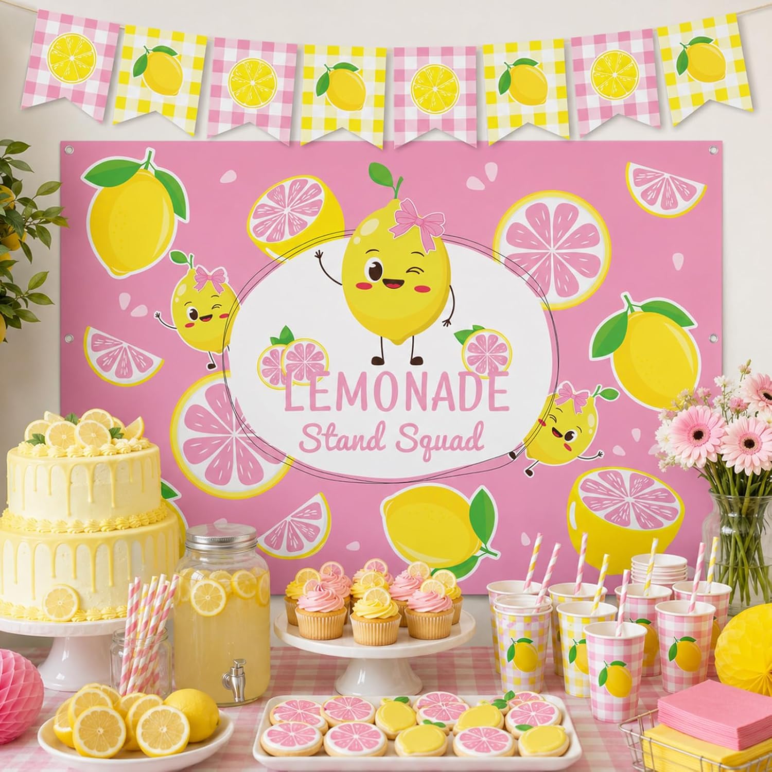 45 x 31 Inch Lemonade Stand Table Cloth and Hanging Banner Kit for Kids Pink Yellow Lemon Party Supplies Summer Lemonade Stand Backdrop Sign Lemon Cutout for Birthday Beach Picnic Party Decorations image 5