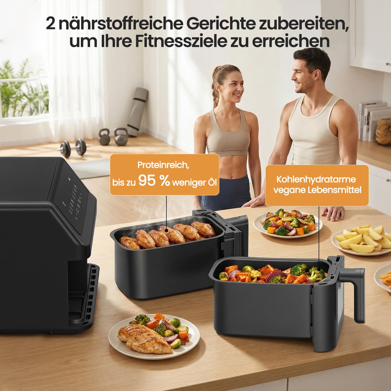 LLIVEKIT 9L Doppelkammer Heißluftfritteuse, 2x4,5L Airfryer mit automatischer Abschaltung, 4D Umluft, 70% energiesparend, 8 Programme, Sync-Finish, spülmaschinenfest, PFOA-frei