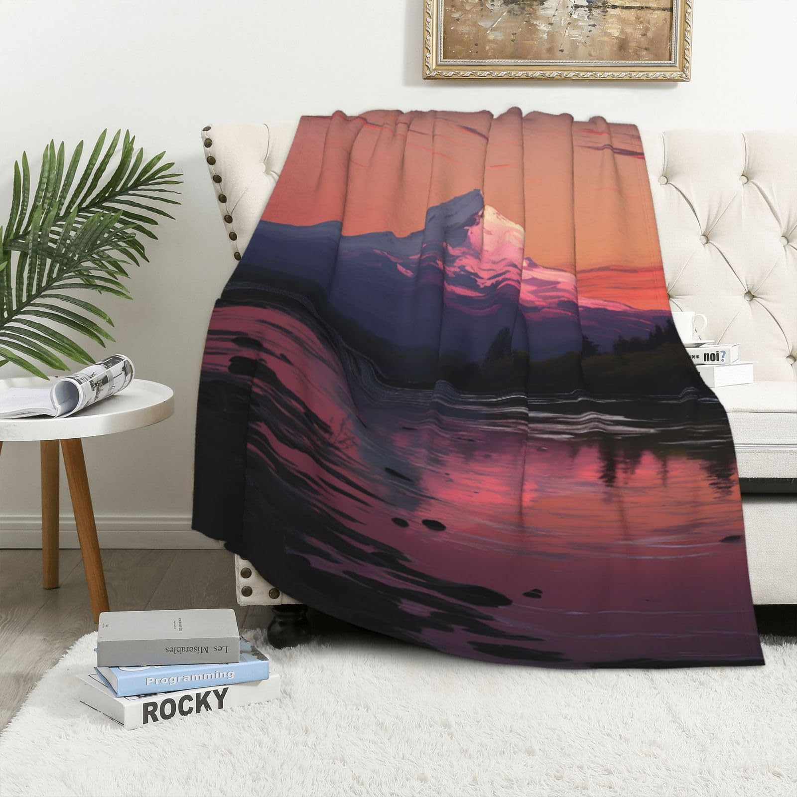 Couverture en peluche légère et chaude douce flanelle réversible jeté de lit motif lac