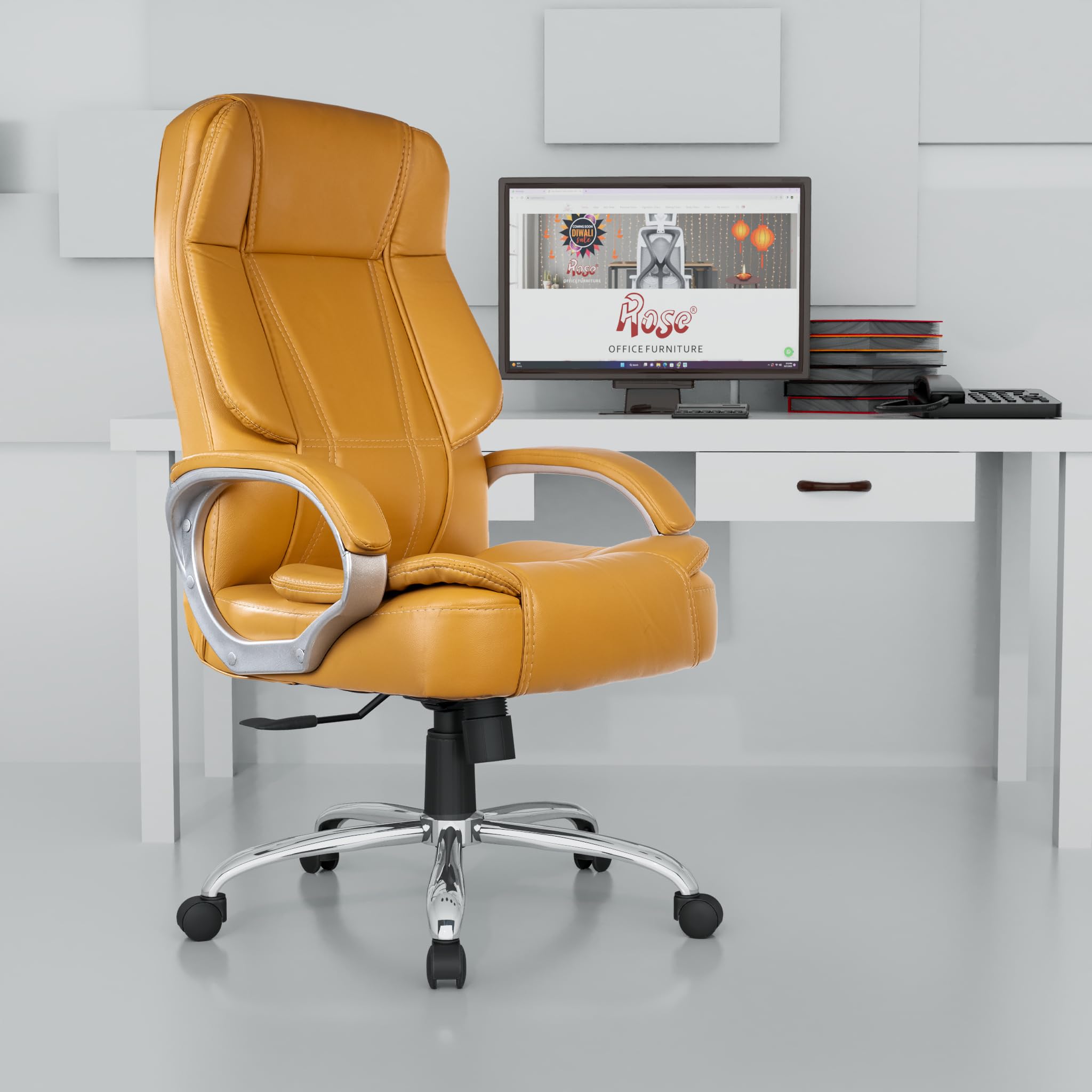Rose® SpaceX | 3 Years Brand Warranty | High Back Leatherette Executive Office Chair with Cushion, Armrest & Adjustable Height | Comfortable Swivel Boss Chair for Doctor, Manager, Trader (Apricot)