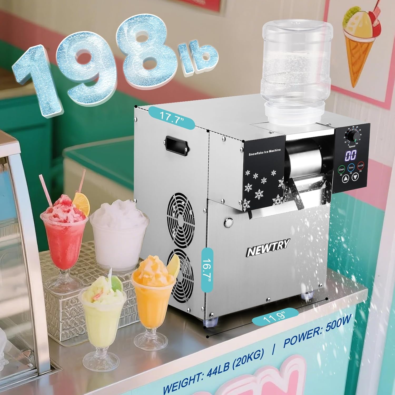 NEWTRY Commercial Snowflake Ice Machine 198lb/Day Shaved Ice Machine 500W Snow Cone Maker Air Cooling Speed Adjustable Ice Crusher 110V US