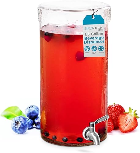 BIRDROCK HOME Dispensador de bebidas con espita y tapa de acero inoxidable - Bebida de vidrio martillado, tarro redondo decorativo para té helado,