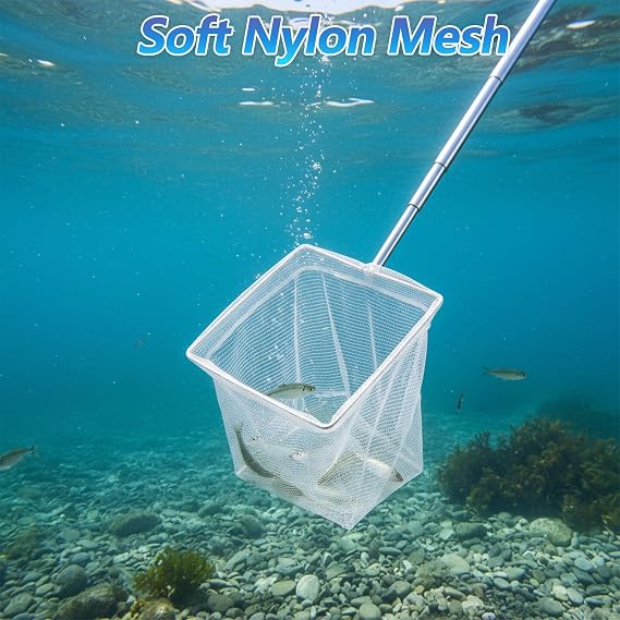 Nogeqi 2 Pcs Fish Net Aquarium, Fish Net for Fish Tank, Aquarium Net with Extendable Long Handle, Fine Mesh Small Fish Nets for Shrimp & Bettas Aquarium Accessories (Square and Round)
