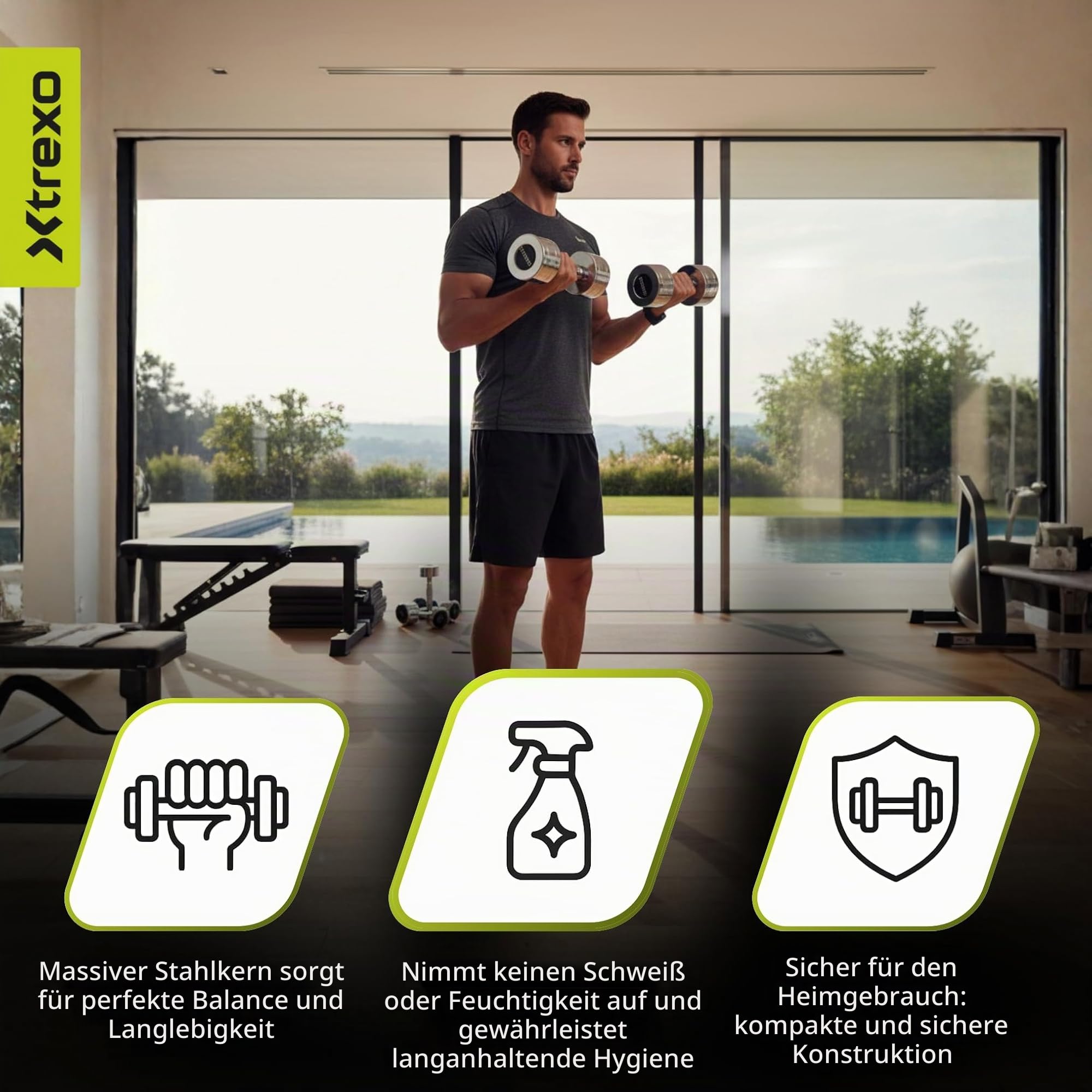 XTREXO Verchromte Kurzhanteln Set – 2er Paar (2.5–12 kg) – Stahlhanteln mit rutschfestem Griff, Chromoberfläche, Robust & Langlebig – Ideal für Krafttraining Zuhause und Fitnessstudio