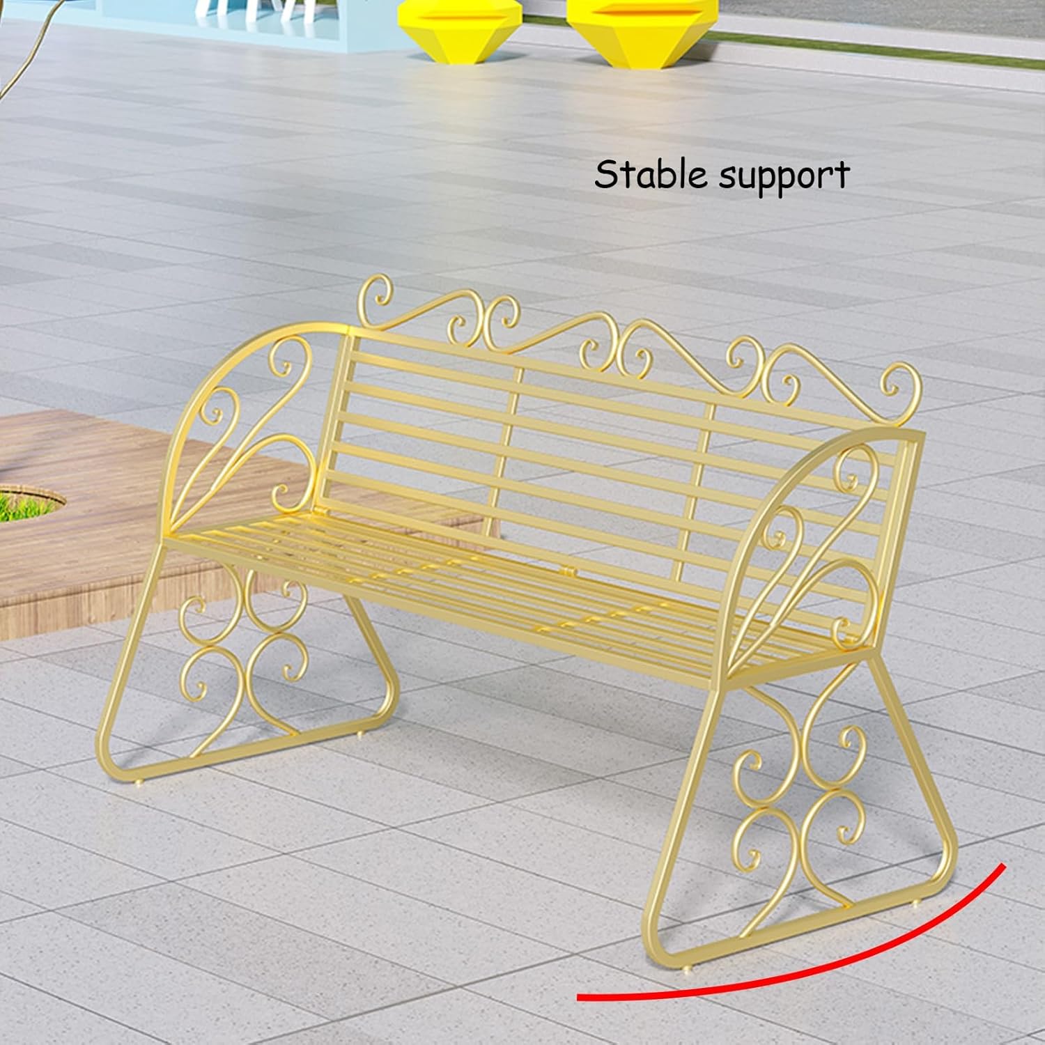 Patio Garden Bench, Decorative Pattern Iron Park Chair Seat, with Decorative Backrest & Ergonomic Armrest for Outdoor Garden, Backyard, Lawn, Porch (Color : Gold, Size : 45.2inx15.7inx33.8in