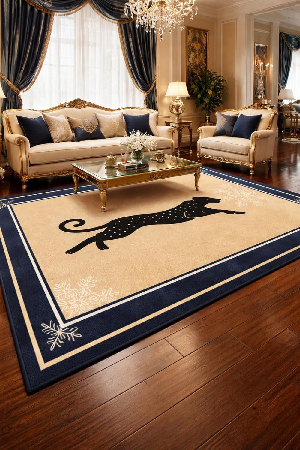 Area Rug with Black Leopard Silhouette Design, Beige with Navy Blue Border, Floral Corner Accents, Decorative Floor Mat (8/10 feet)