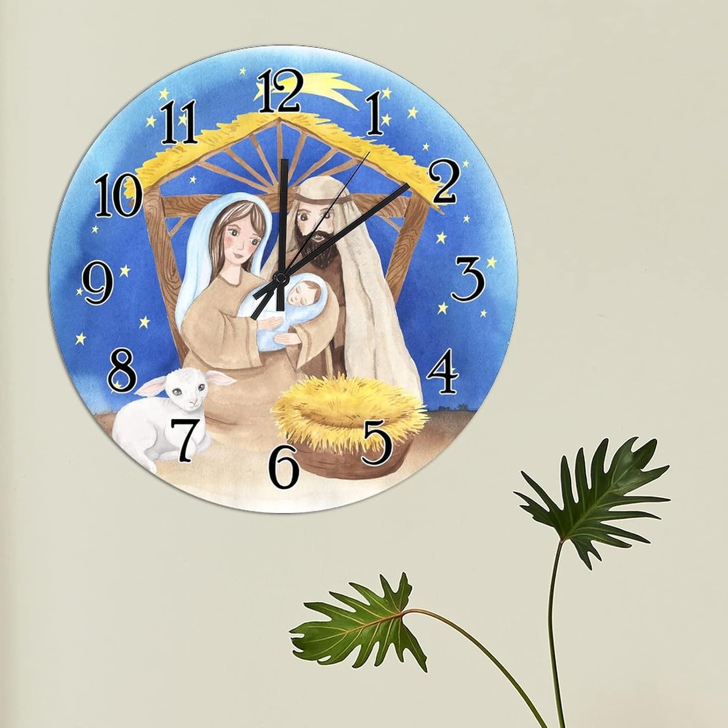 Merry Christmas Christian Gift Decorative Wall Clock Jesus is The Reason Nativity Scene Wooden Clocks Farmhouse Battery Operated Clocks Welcome Winter Xmas Round Clock for Bedroom 15inch