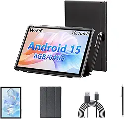 YQSAVIOR Tablet Android 15 com teclado, tablets de 10 polegadas com capa, expansão de 8 GB + 64 GB/1 TB, 2,4 G + 5 G + Wi-Fi 6, 6000 mAh, BT, GMS, jogos, câmera de 8 MP (preto)