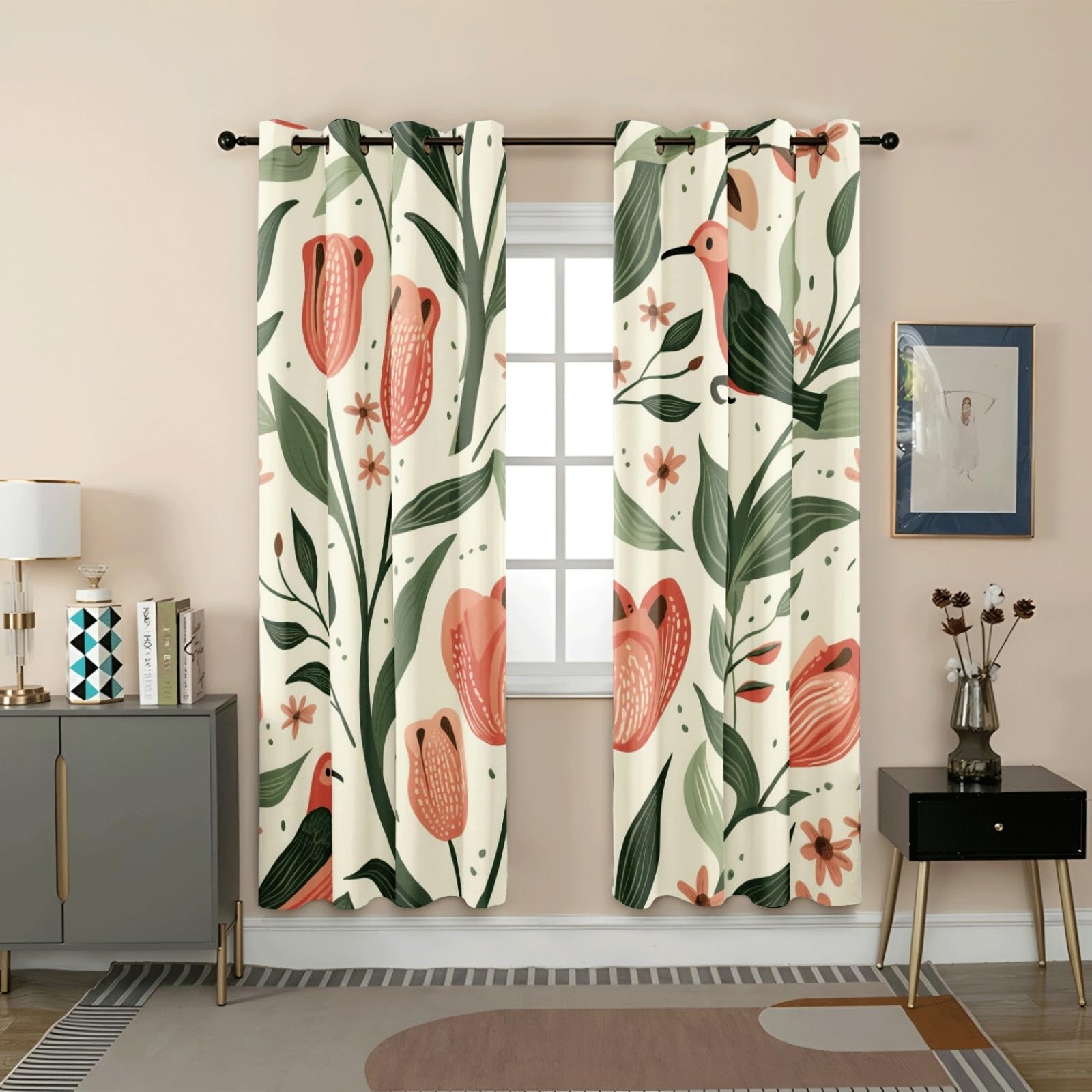 Vorhänge Orange Blume Grün Vorhang Blickdicht Polyester Gardinen mit ösen Thermovorhang 2er Pack Curtains Living Room Schlafzimmer Waschbar Verdunkelungsvorhang (2x110x215 cm)