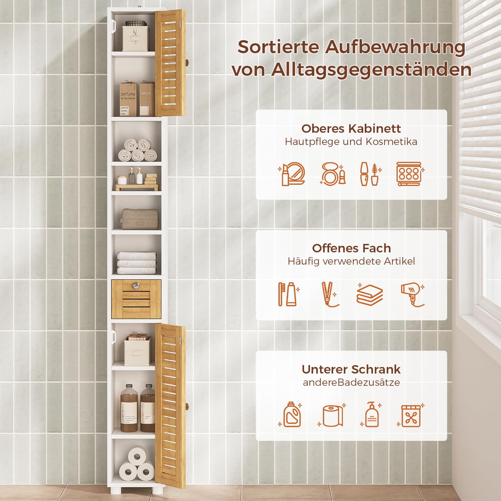 Badezimmerschrank, Badezimmer Hochschrank mit 4 offenen Ablagen, 2 Bambustüren, 1 Schublade, Badschrank Schmal mit Verstellbaren Ablagen, Badmöbel für Wohnzimmer, Küche und Bad, 20x20x180 cm