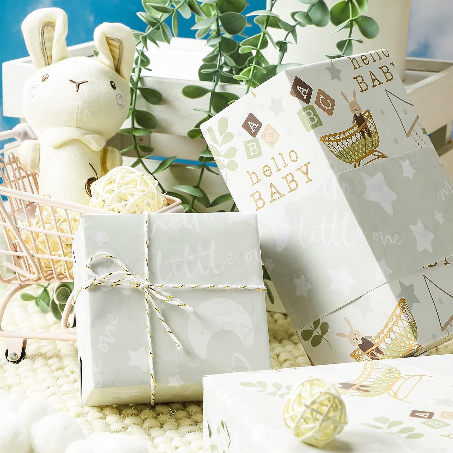 LeZakaa Baby Shower Wrapping Paper & Golden Heart Ribbon - 17 inches x 32.8 Feet, Double-Sided Design, Perfect for Baby Boy & Girl Showers