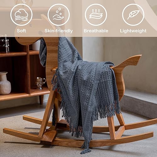 Miniatura 4 de Manta Queen de 100 % algodón con flecos, 90 x 90 pulgadas, manta de tejido de gofre prelavada para todas las estaciones, ligera, transpirable, suave