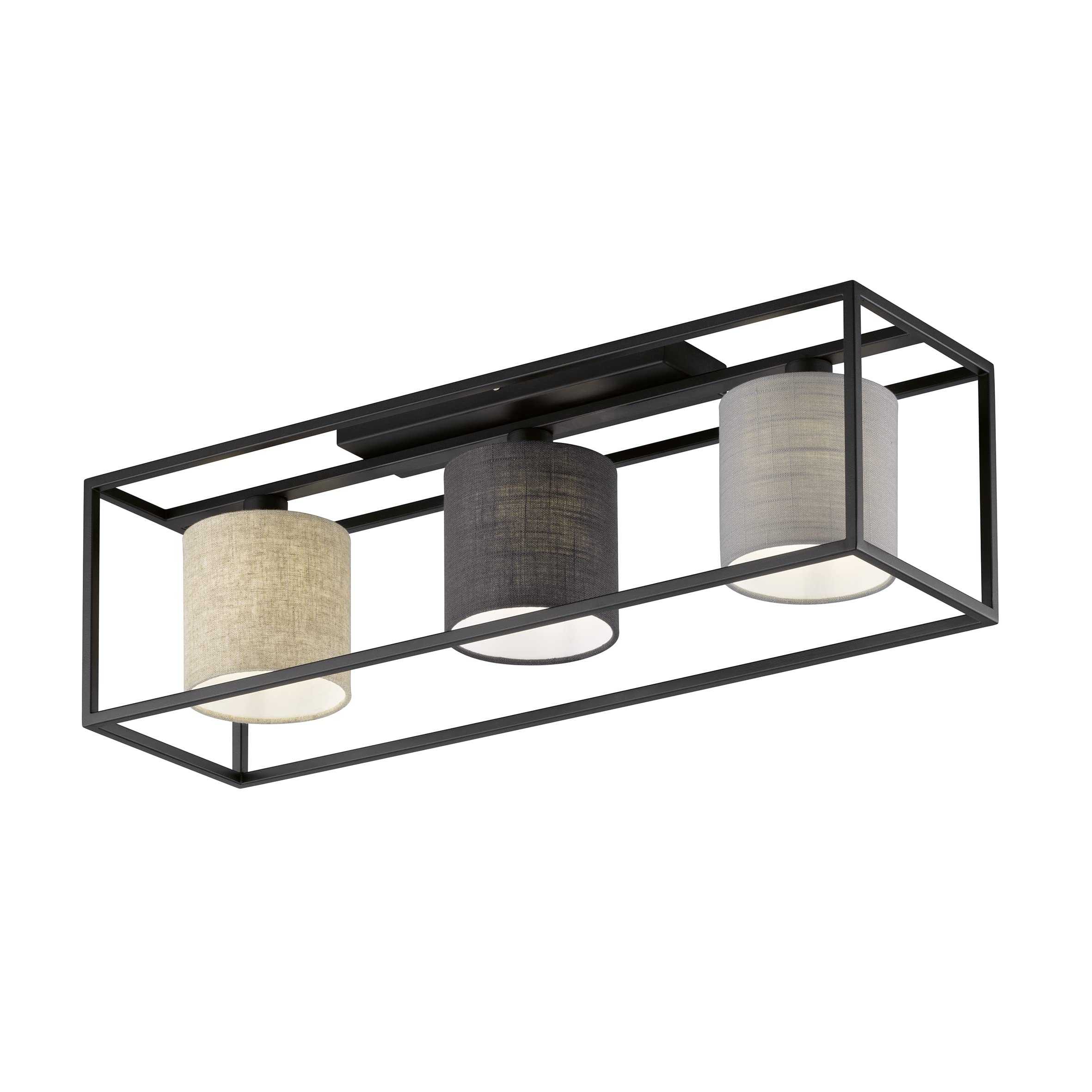 Fischer & Honsel | Deckenleuchte, Isko | sandschwarz|Leinen Stoffschirme: hellgrau, grau, sandfarben| L: 70,00 cm, B: 20,00 cm| Ausl. Decke: 22,50 cm| 3x E14 max. 25,0 Watt| 21358